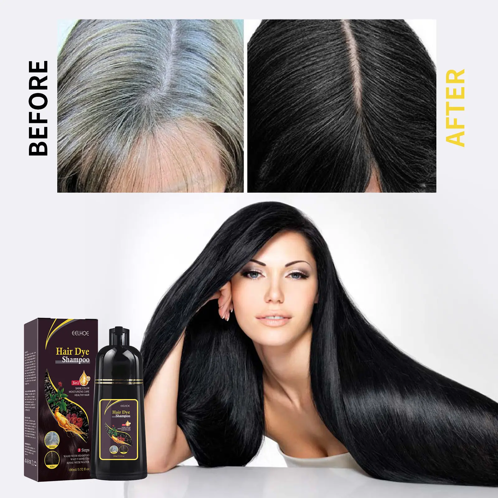 10PCS 3in1 Hair Dye Shampoo for Gray Hair Polygonum Multiflorum Herbal Ingredients Natural Ginger Darkening Coloring Cover 100ml