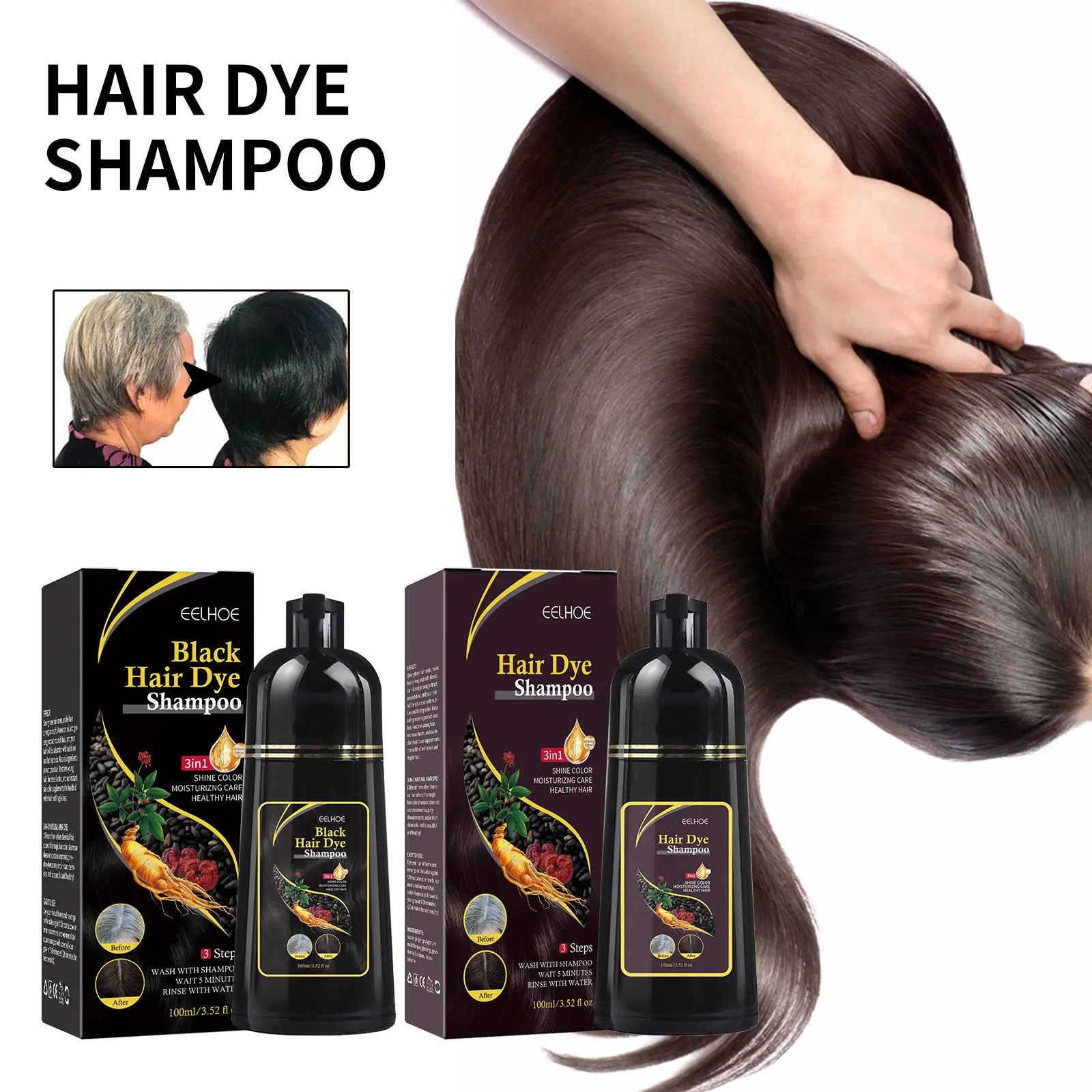 10PCS 3in1 Hair Dye Shampoo for Gray Hair Polygonum Multiflorum Herbal Ingredients Natural Ginger Darkening Coloring Cover 100ml