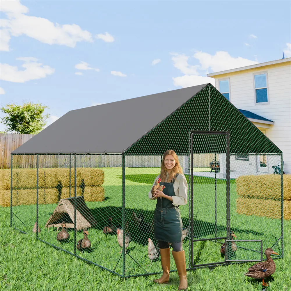 Heavy Duty Upgrade Outdoor Chicken Coop Large Metal Chicken Run Walkin Poultry Habitat Chicken Poultry Cage w/ Waterproof Cover