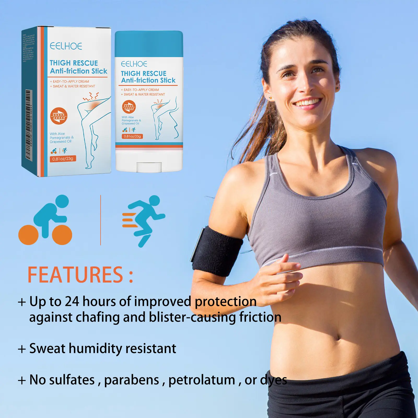 Eelhoe Thigh Rescue Anti-Friction Stick Waterproof Sweat Resistant Easy To Apply Cream Leg Heel Lower Arm Skin Protection Bar