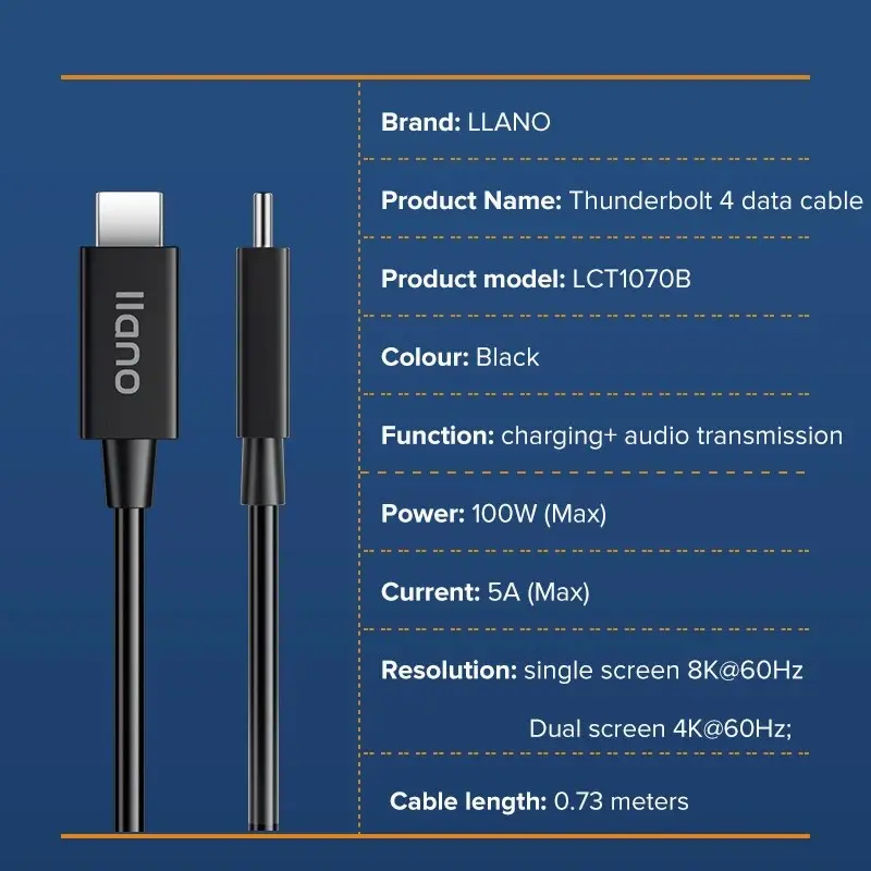 Llano Thunderbolt 4 Cable 2.3ft, 8K Display, 40Gbps Data Transfer, 100W Type-C Charging Cable