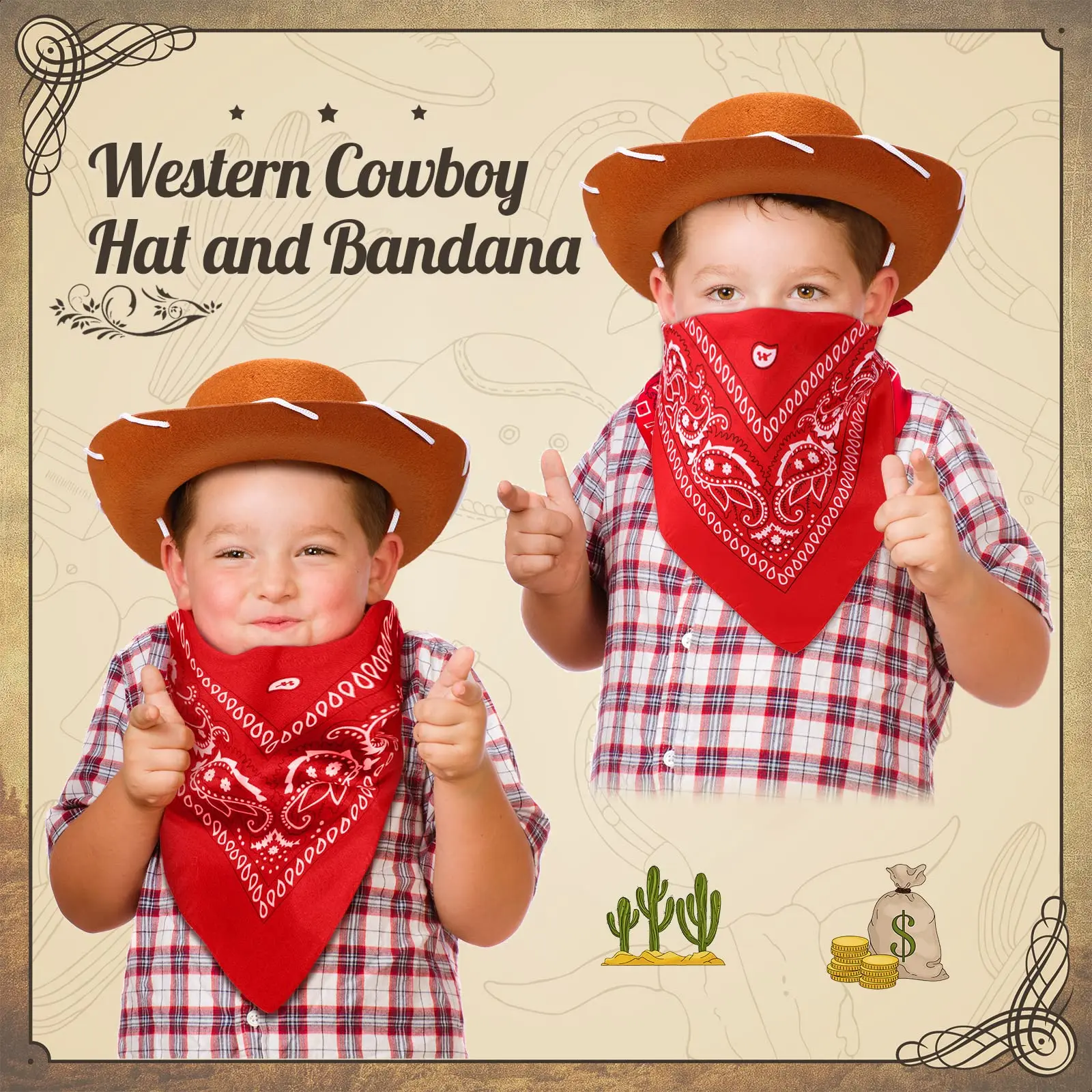 6-24 Set Cowboy Hats and Bandanas Bulk for Kids Western Themed Childrens Cosplay Costume Accessory Prop for Kids Party Supplies