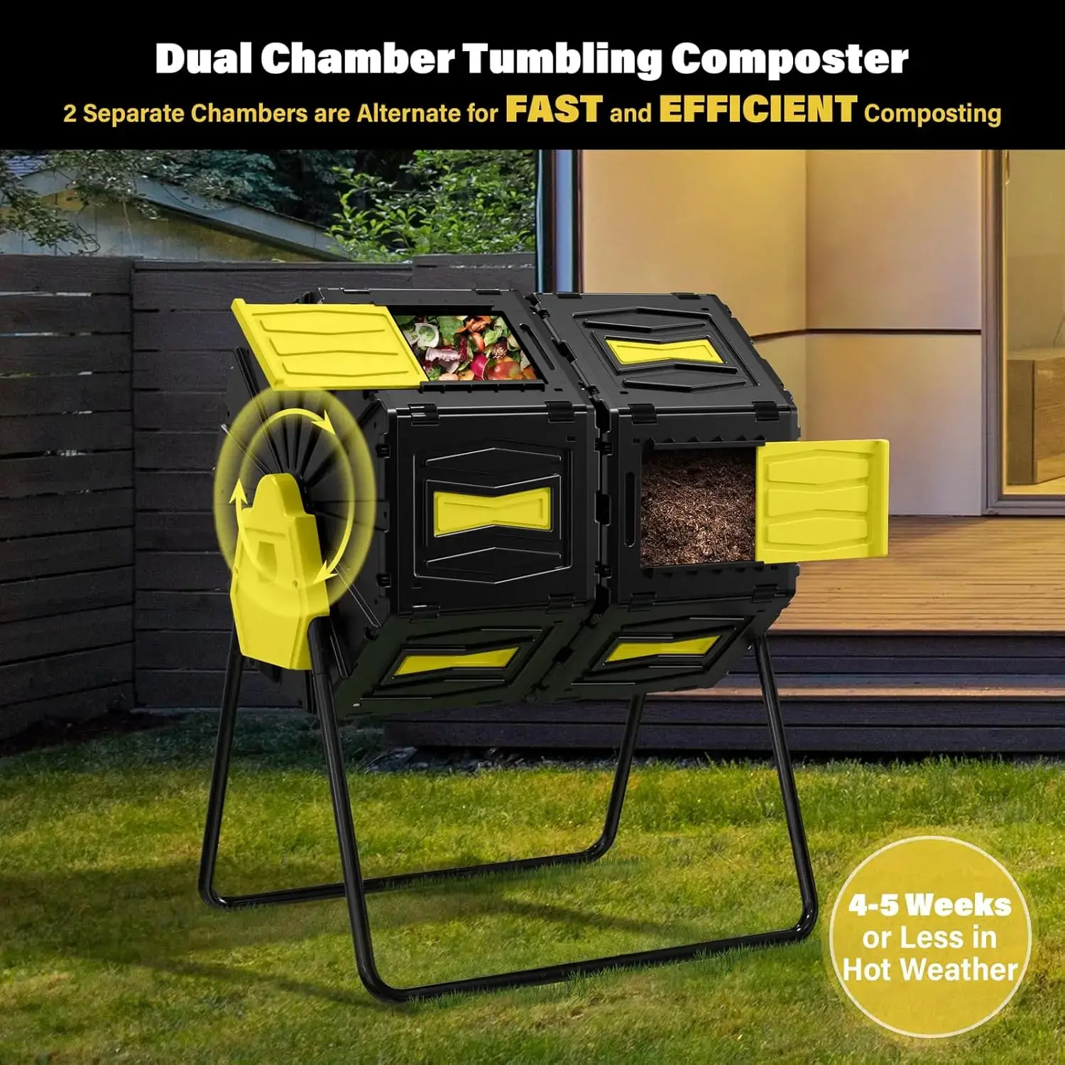 Compost Tumbler, Efficient Outdoor Compost Bin, 45 Gallon/170 Liter Large Dual Chamber Rotating Composter, Yellow Door