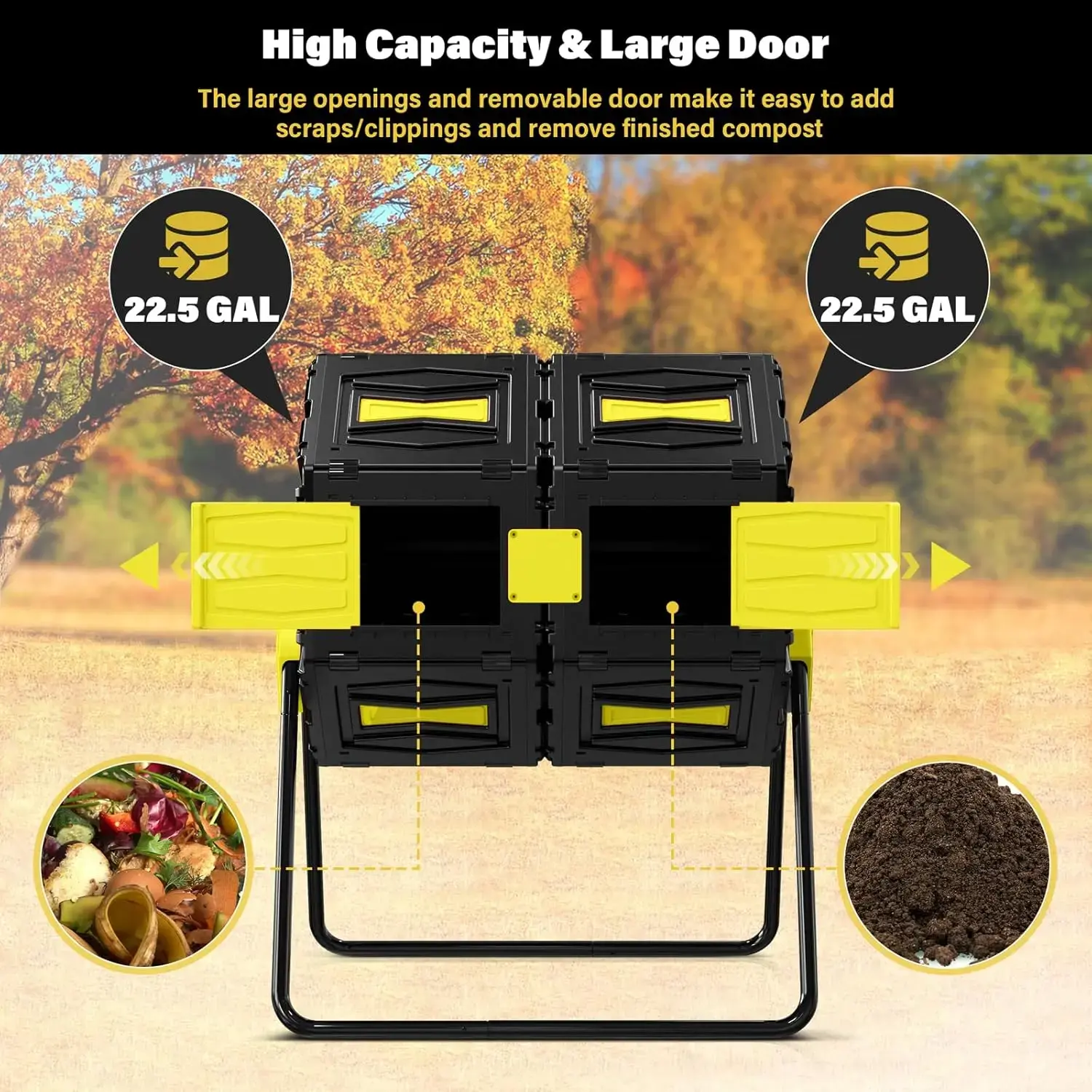 Compost Tumbler, Efficient Outdoor Compost Bin, 45 Gallon/170 Liter Large Dual Chamber Rotating Composter, Yellow Door