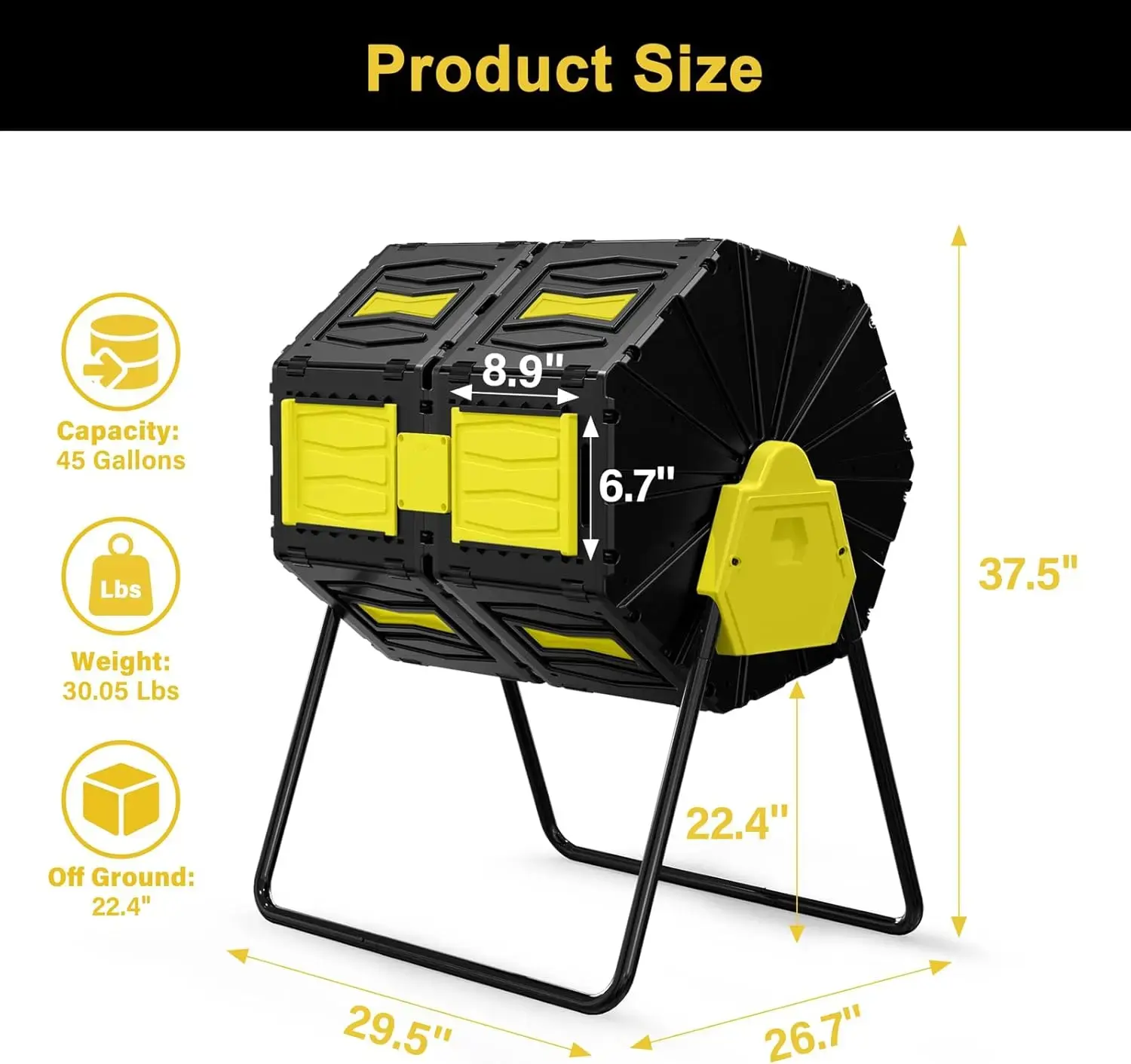 Compost Tumbler, Efficient Outdoor Compost Bin, 45 Gallon/170 Liter Large Dual Chamber Rotating Composter, Yellow Door