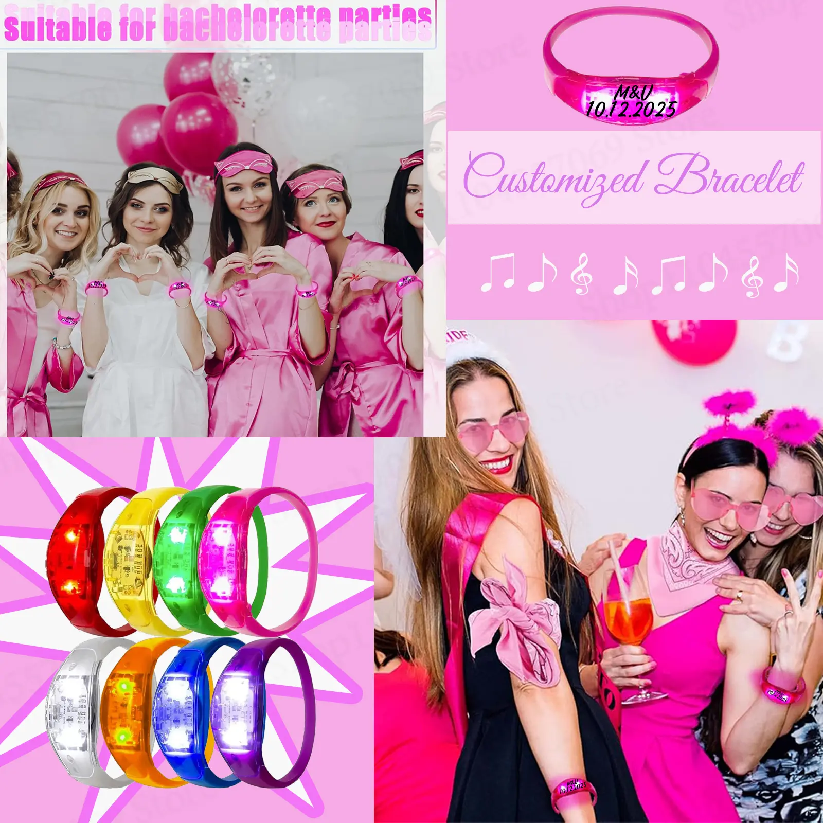 30-300Pcs Customize LED Bracelets Sound Activated Light up Bracelet Rhythmic Bracelets for Wedding Birthday Concert Party Favors