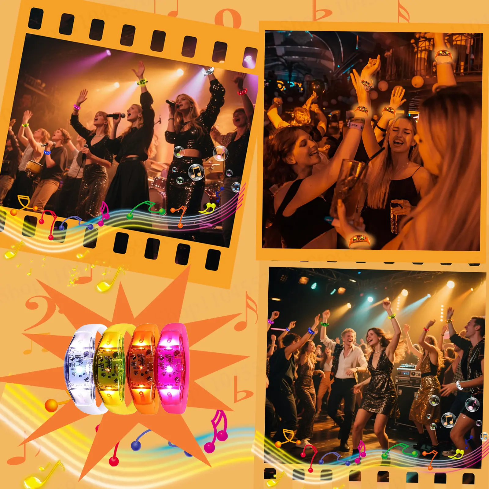 30-300Pcs Customize LED Bracelets Sound Activated Light up Bracelet Rhythmic Bracelets for Wedding Birthday Concert Party Favors