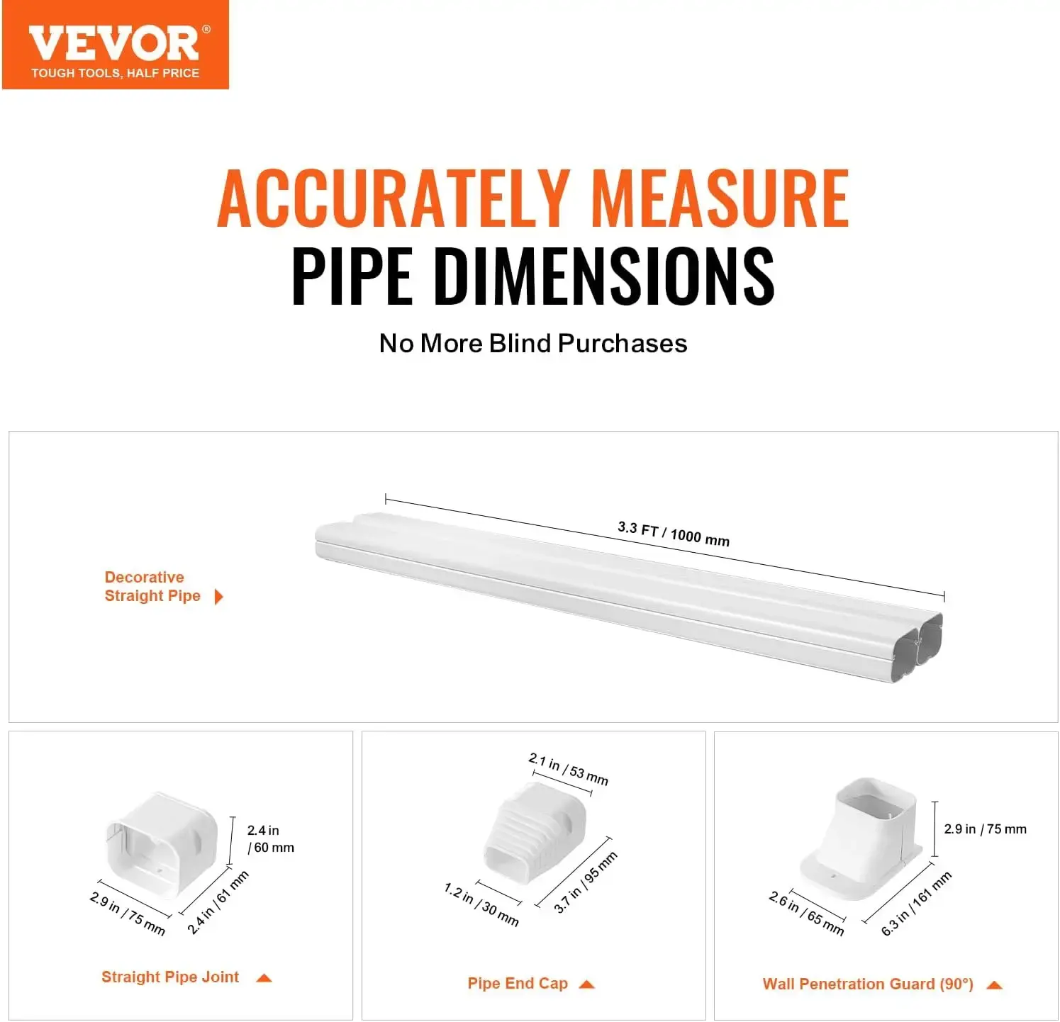 Mini Split Line Set Cover 3-inch W 7.4Ft L, PVC Decorative Pipe Line Cover for Air Conditioner with 2 Straight Ducts & Full Comp