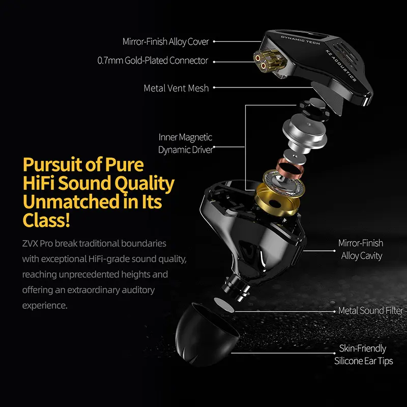 KZ ZVX PRO Wired Earphones HiFi Bass Music Metal Earbuds Stage Live Monitor Sport Headphones Noise Cancelling IEM Gaming Headset