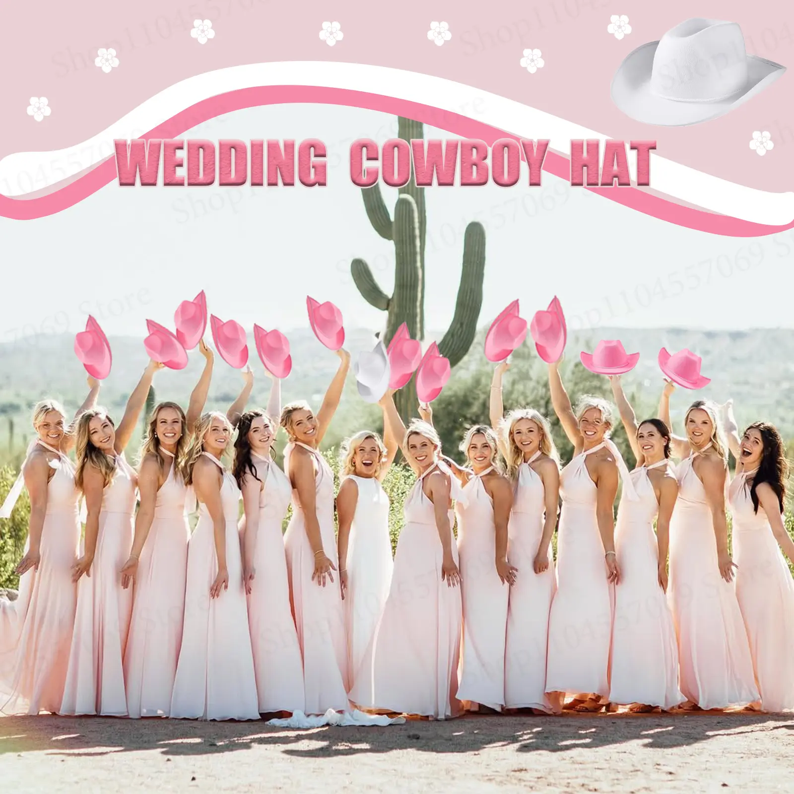 6-24Set Pink Cowboy Hats Wedding Cowboy Hats Bachelorette Cowgirl Hats with Bandana Heart Sunglasses for Bridal Wedding Party