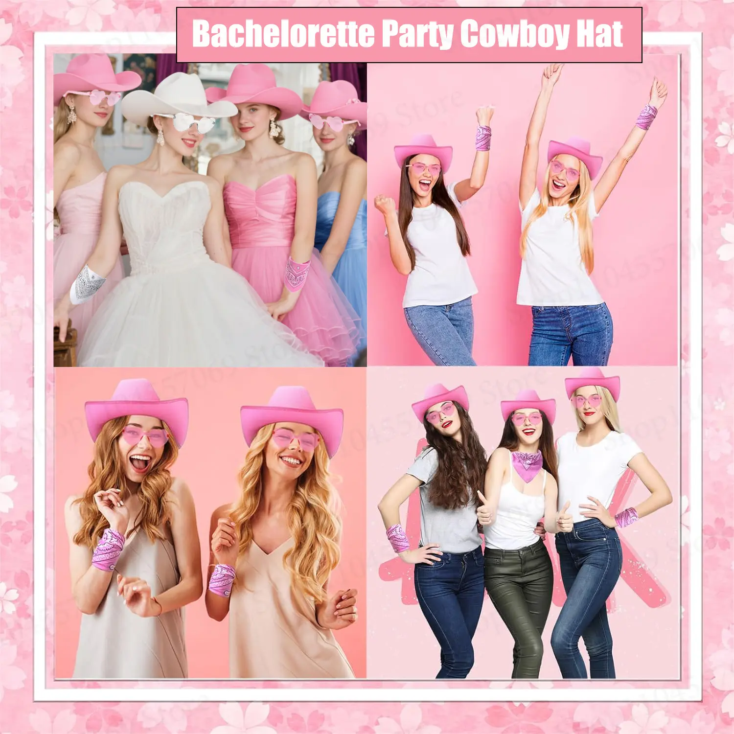 6-24Set Pink Cowboy Hats Wedding Cowboy Hats Bachelorette Cowgirl Hats with Bandana Heart Sunglasses for Bridal Wedding Party