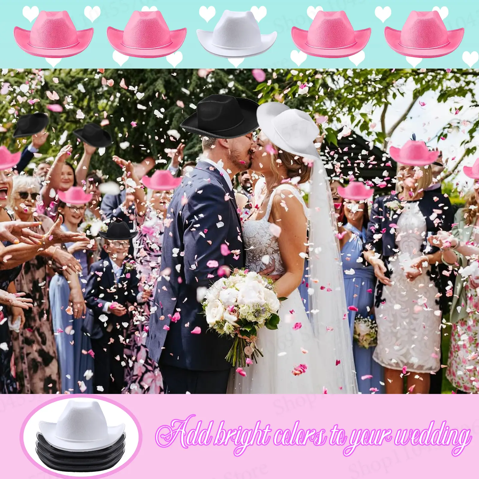 6-24Set Pink Cowboy Hats Wedding Cowboy Hats Bachelorette Cowgirl Hats with Bandana Heart Sunglasses for Bridal Wedding Party