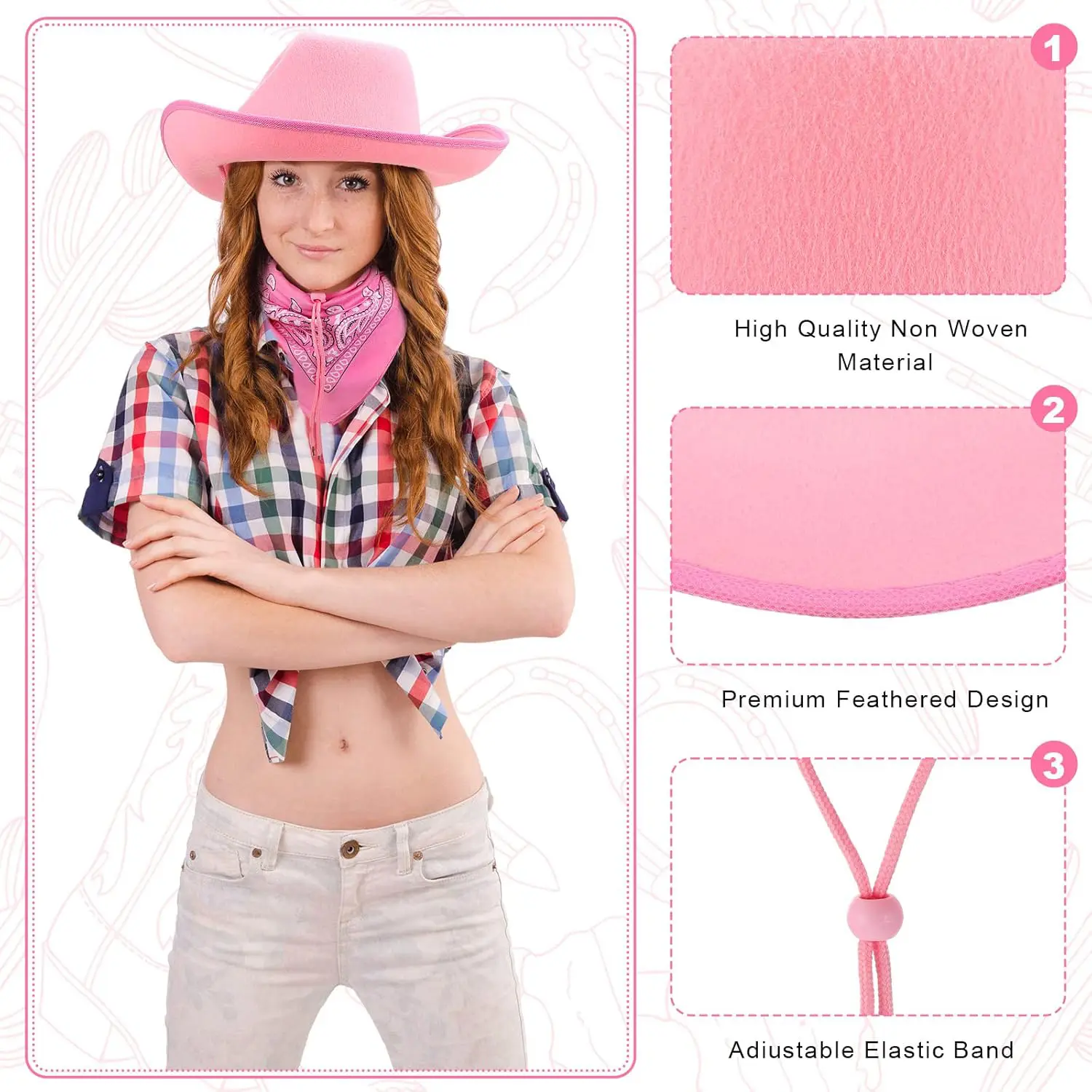 6-24Set Pink Cowboy Hats Wedding Cowboy Hats Bachelorette Cowgirl Hats with Bandana Heart Sunglasses for Bridal Wedding Party
