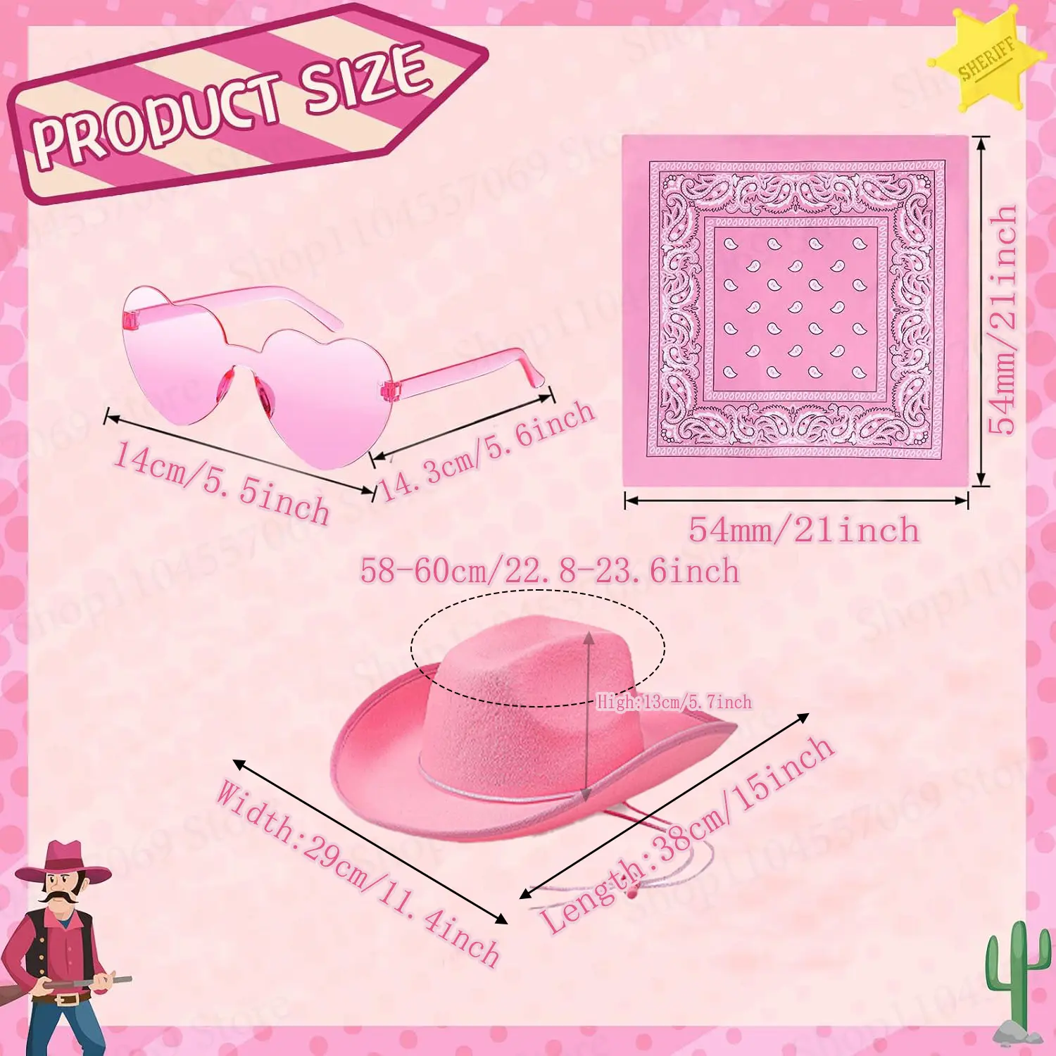 6-24Set Pink Cowboy Hats Wedding Cowboy Hats Bachelorette Cowgirl Hats with Bandana Heart Sunglasses for Bridal Wedding Party