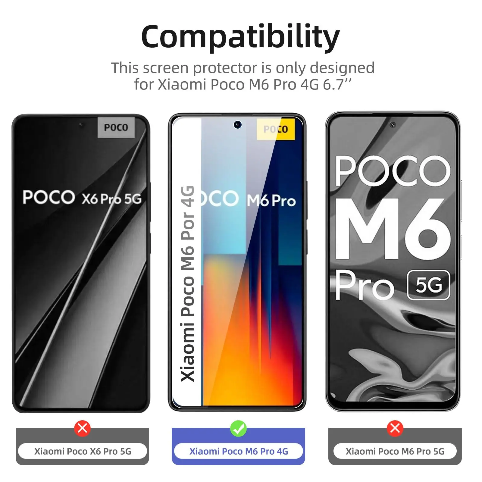 Screen Protector For Xiaomi POCO M6 Pro 4G, Tempered Glass HD 9H High Aluminum Anti Scratch Case Friendly
