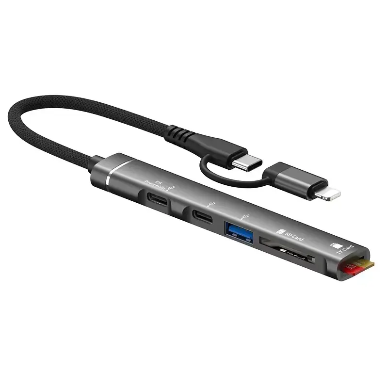 Usb C Hub With Lightning Port, Read Usb Sd/Tf Memory Card With 2 Usb Type C Port/1x Usb 3.0 Port, 5-In-1 Multi Adapter Usb Hub