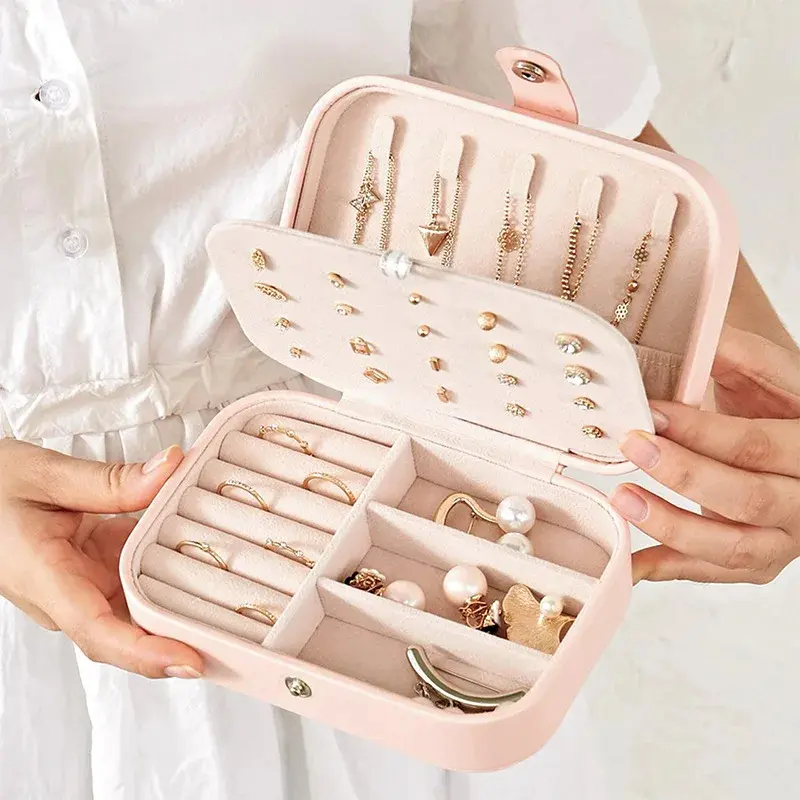 Portable Travel Jewelry Organizer-Double Layer Large Capacity Jewelry Case with Flip Cover Necklace Earring Ring Storage Box
