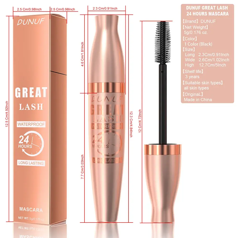 DUNUF 24H Waterproof Mascara Volumizing Lengthening & Curling Long-Lasting Full-Body Lash Effect