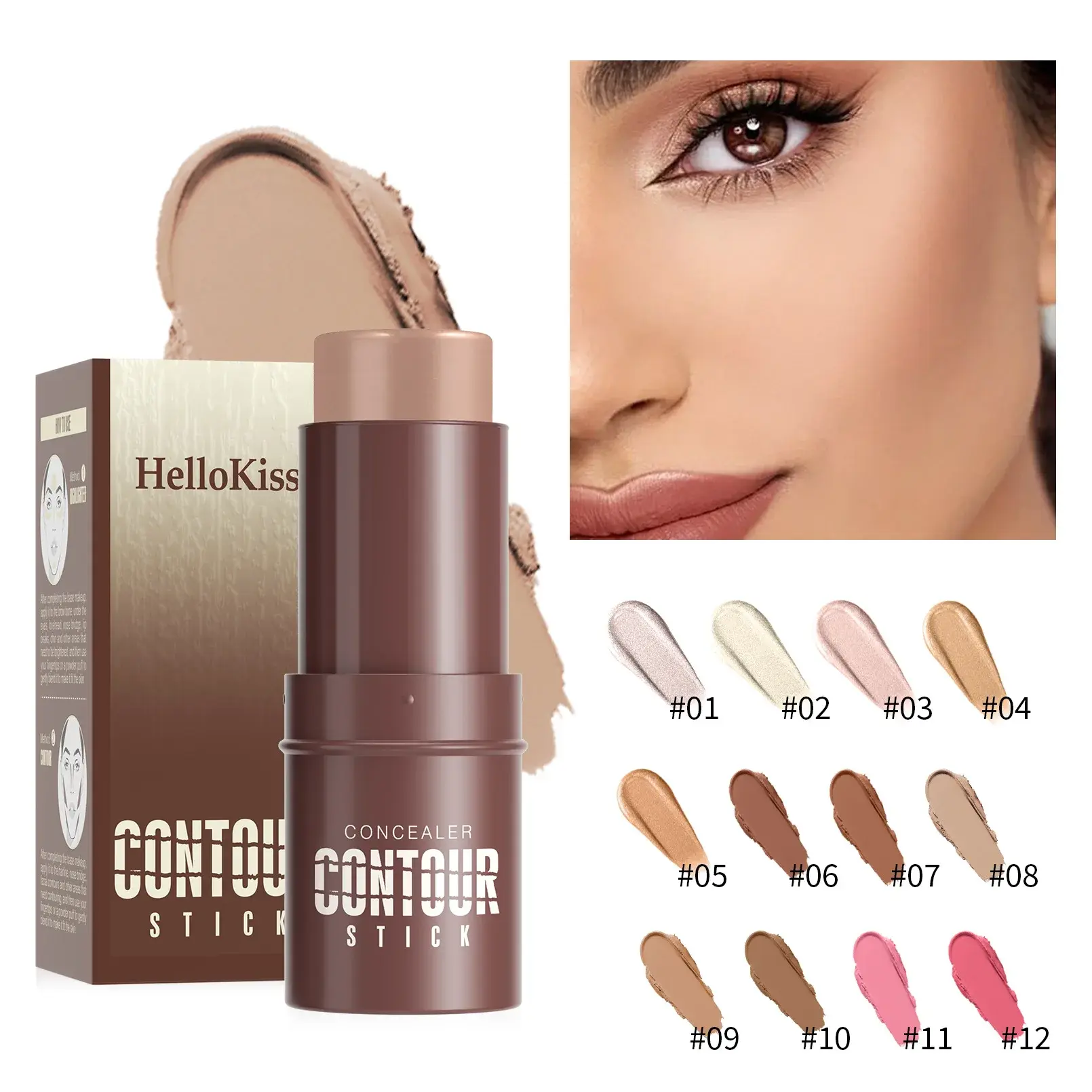12-color contour stick, long-lasting waterproof and easy-to-apply blush, light texture and multi-purpose eyeshadow highlighter