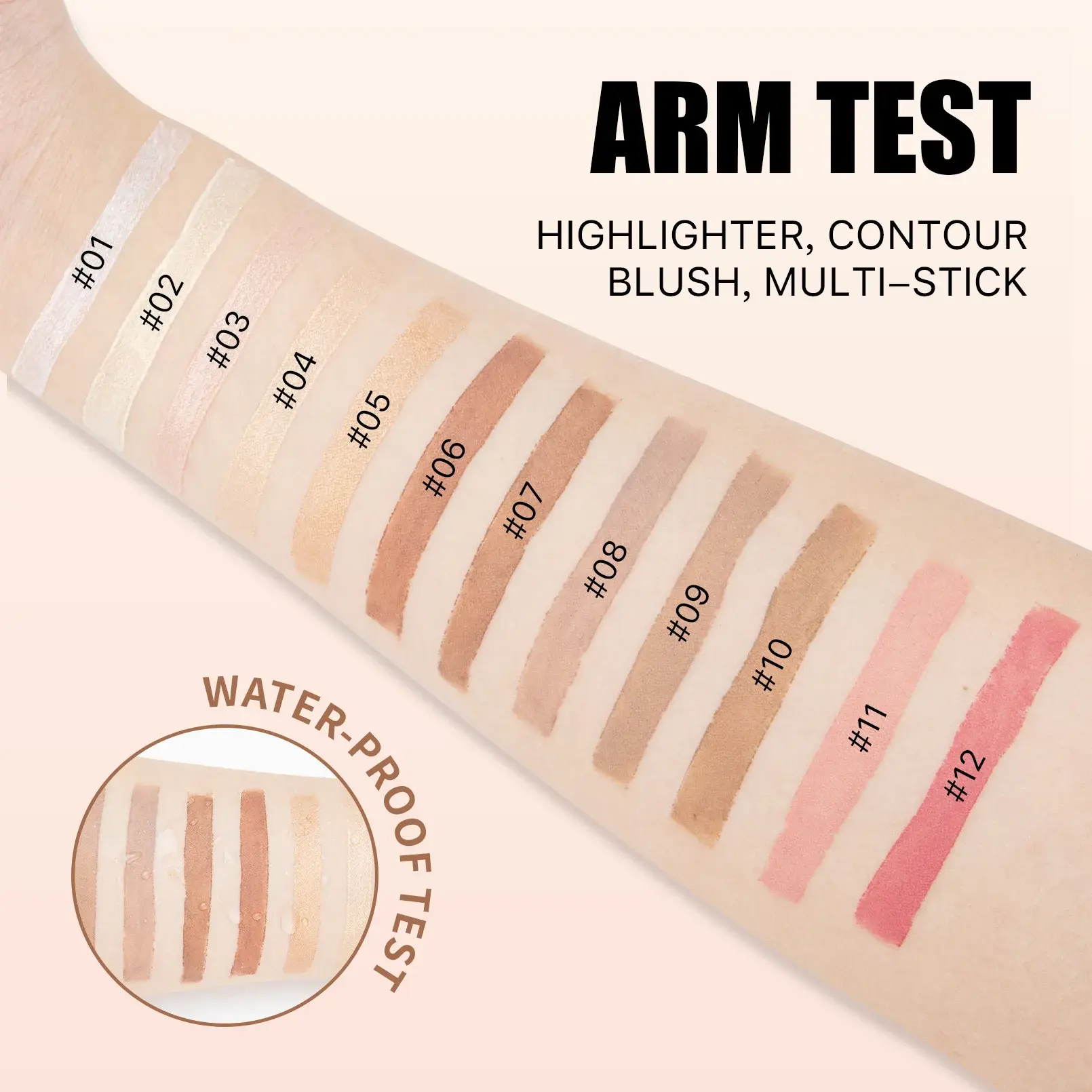 12-color contour stick, long-lasting waterproof and easy-to-apply blush, light texture and multi-purpose eyeshadow highlighter