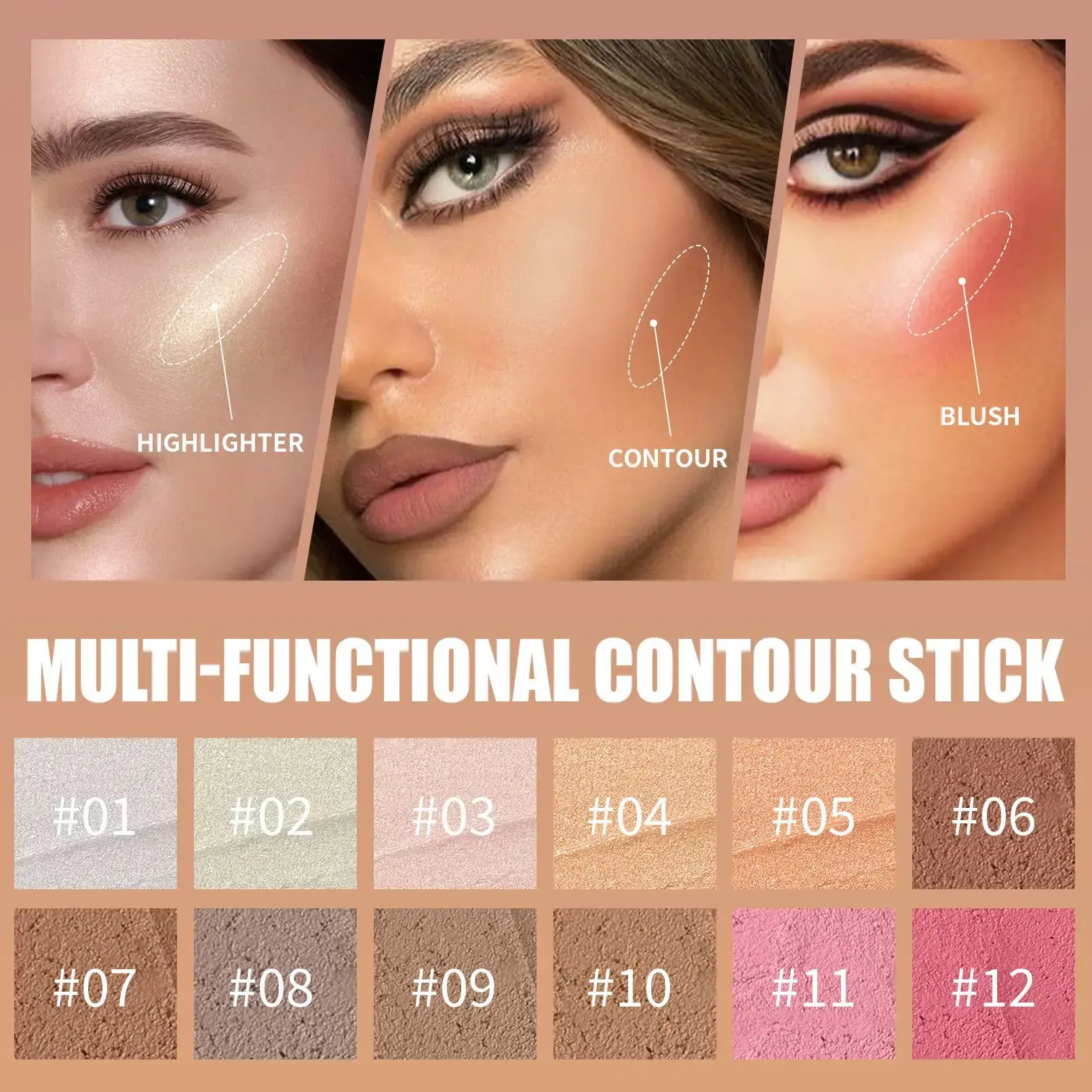 12-color contour stick, long-lasting waterproof and easy-to-apply blush, light texture and multi-purpose eyeshadow highlighter