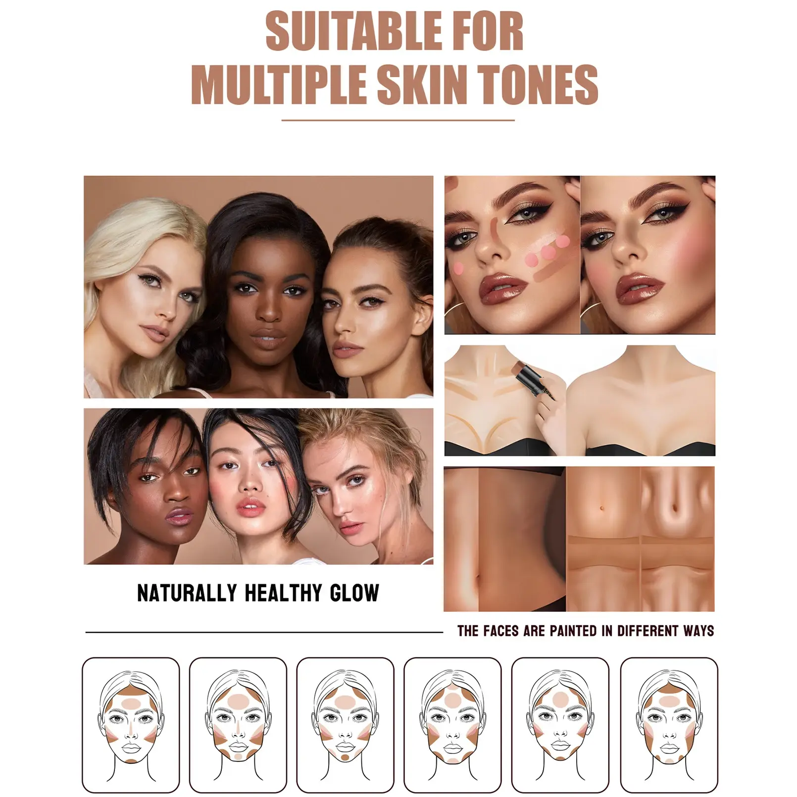 12-color contour stick, long-lasting waterproof and easy-to-apply blush, light texture and multi-purpose eyeshadow highlighter
