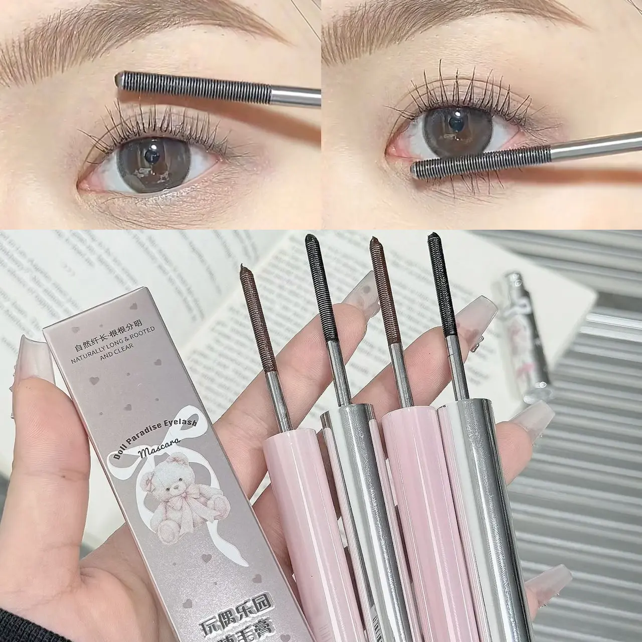 Cute Bear Steel Iron Mascara Waterproof Silk Fiber Lengthens Eyelashes Extensions Thick Curling Styling Lash Makeup Quick dry