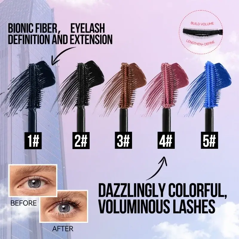 4D Black Mascara Thickening, Lengthening, Curling, Waterproof Liquid Fiber Mascara Colored Plump Long-lasting Enlarge Eye Makeup