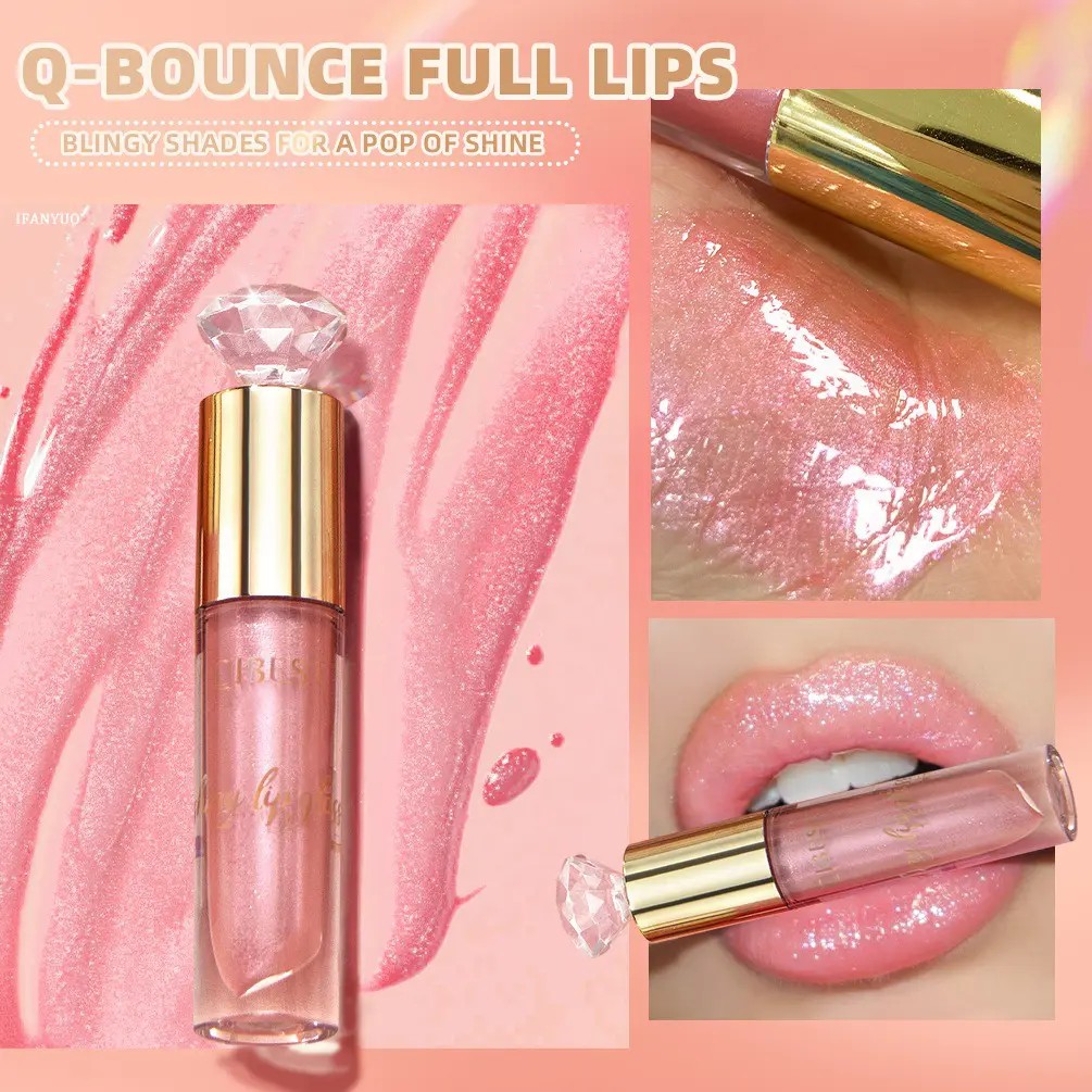 Crystal Pink Glitter Lip Gloss Diamond Moisturizing Waterproof Sparkling Glass Liquid Lipstick Makeup Nude Mirror Shiny Lip Tint