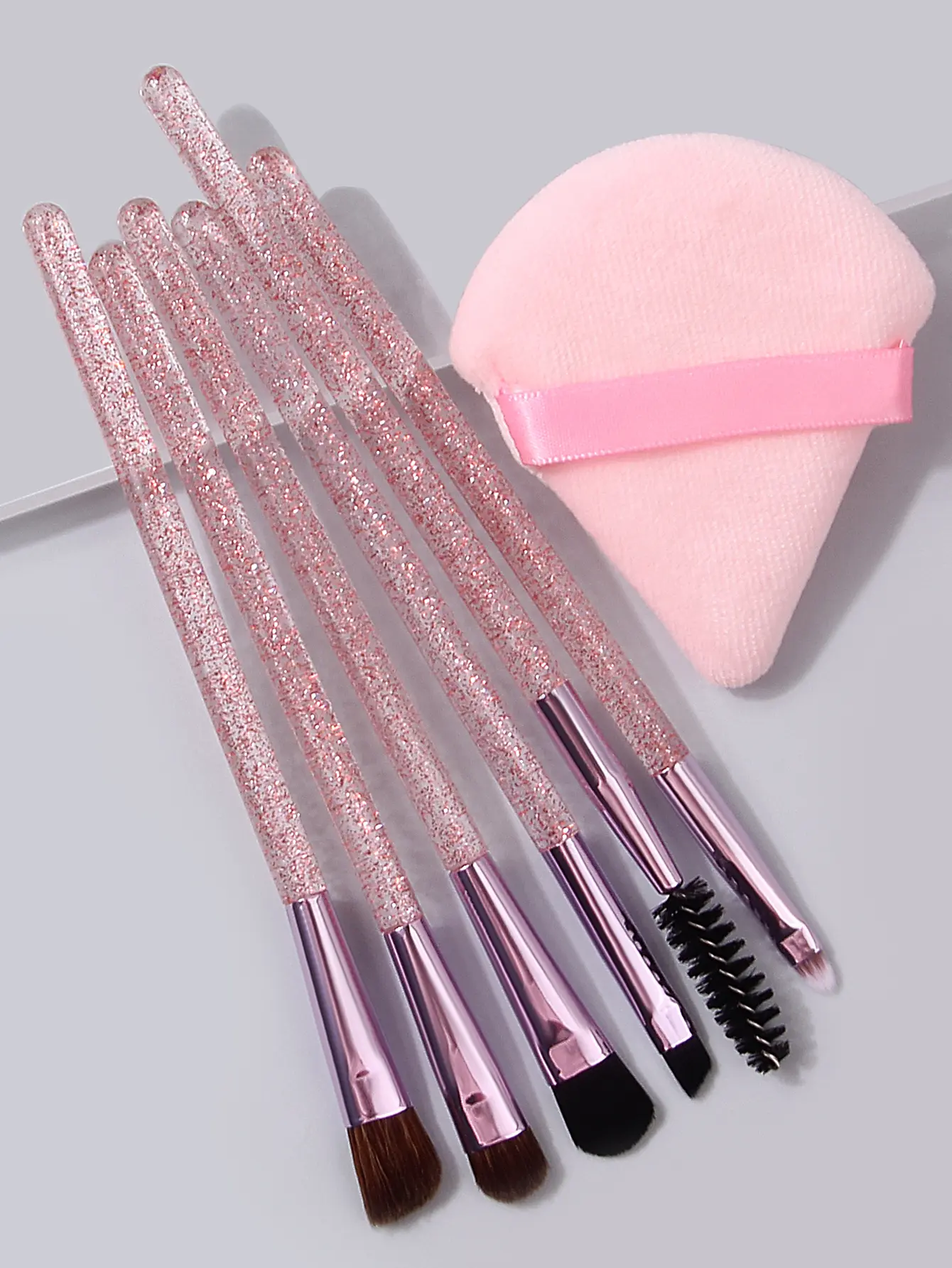 6pcs Glitter Eye Makeup Brush set, eyeshadow blending Detail brush, mascara brush +1pc Soft Double-sided triangular Powder puff