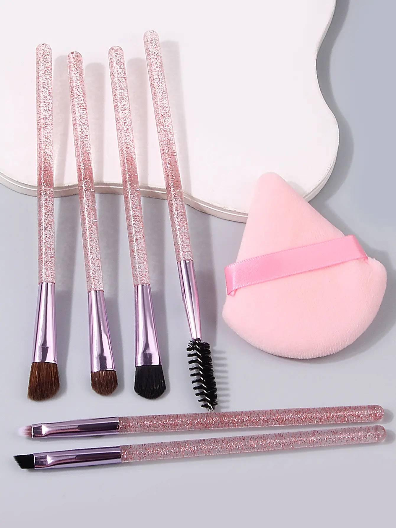 6pcs Glitter Eye Makeup Brush set, eyeshadow blending Detail brush, mascara brush +1pc Soft Double-sided triangular Powder puff