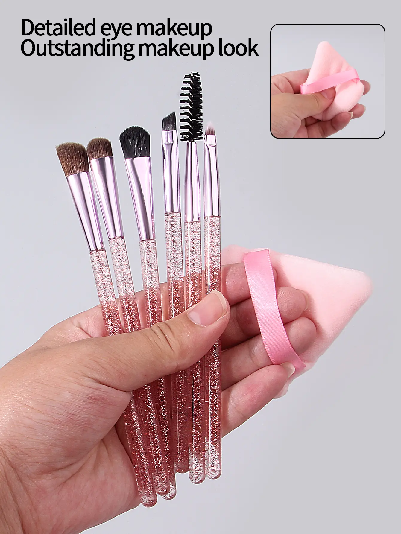 6pcs Glitter Eye Makeup Brush set, eyeshadow blending Detail brush, mascara brush +1pc Soft Double-sided triangular Powder puff