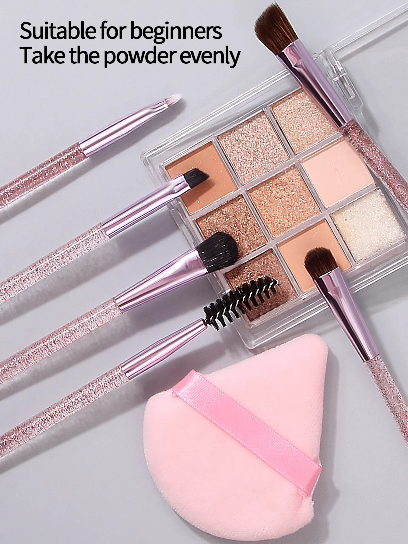 6pcs Glitter Eye Makeup Brush set, eyeshadow blending Detail brush, mascara brush +1pc Soft Double-sided triangular Powder puff