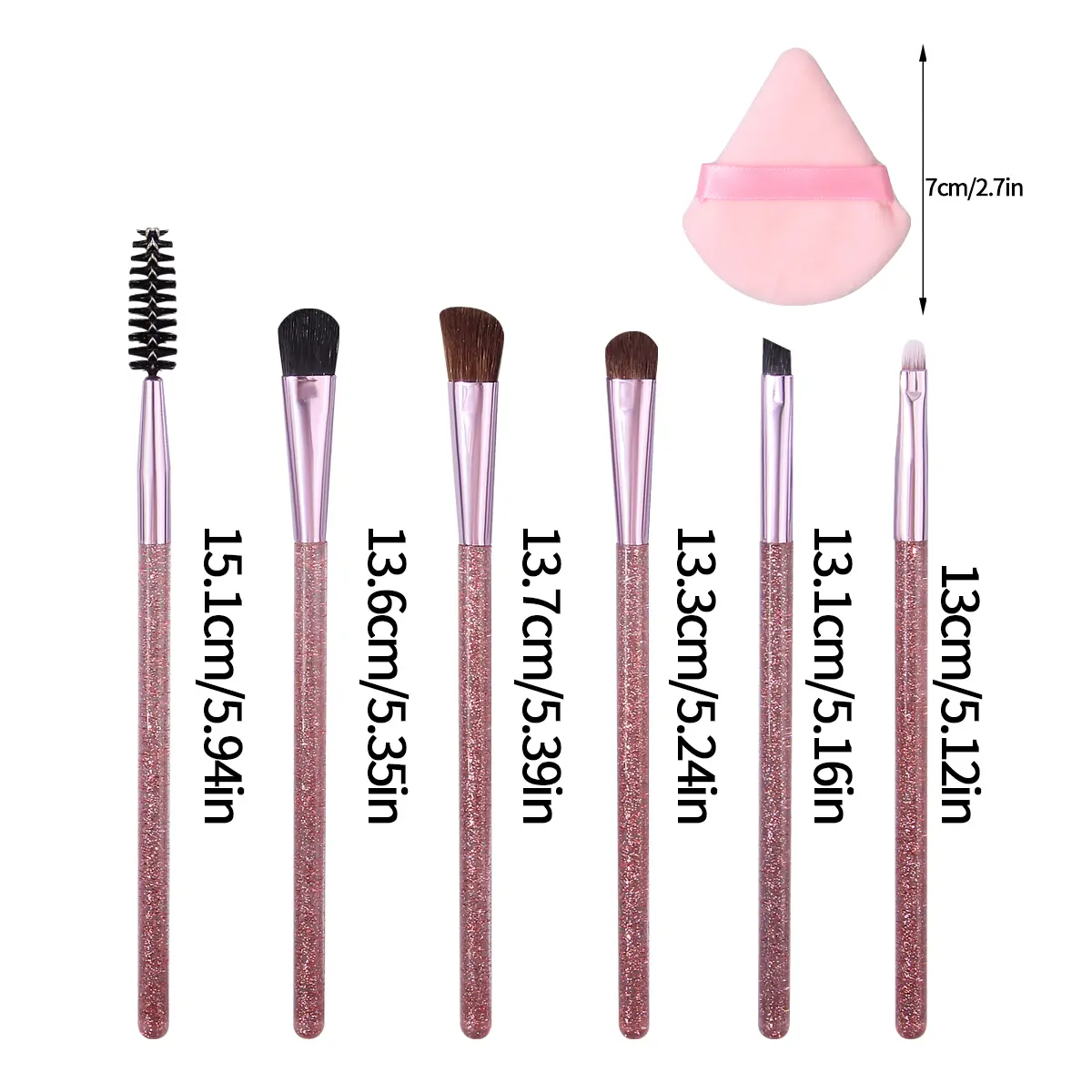 6pcs Glitter Eye Makeup Brush set, eyeshadow blending Detail brush, mascara brush +1pc Soft Double-sided triangular Powder puff