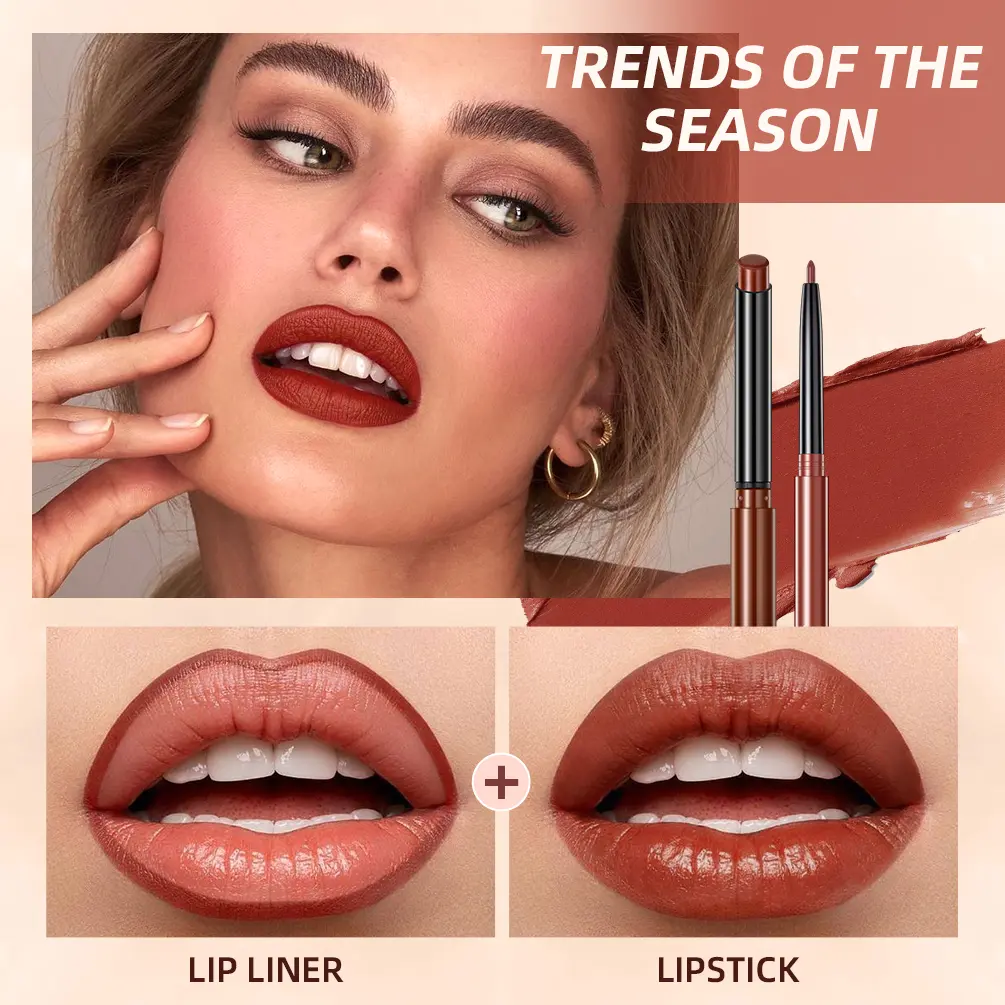 QIBEST 2pcs Lipstick Lipliner Pen Set Matte Nude Lip Liner Pencil Waterproof Long Lasting Lipstick Pen Contour Makeup For Women