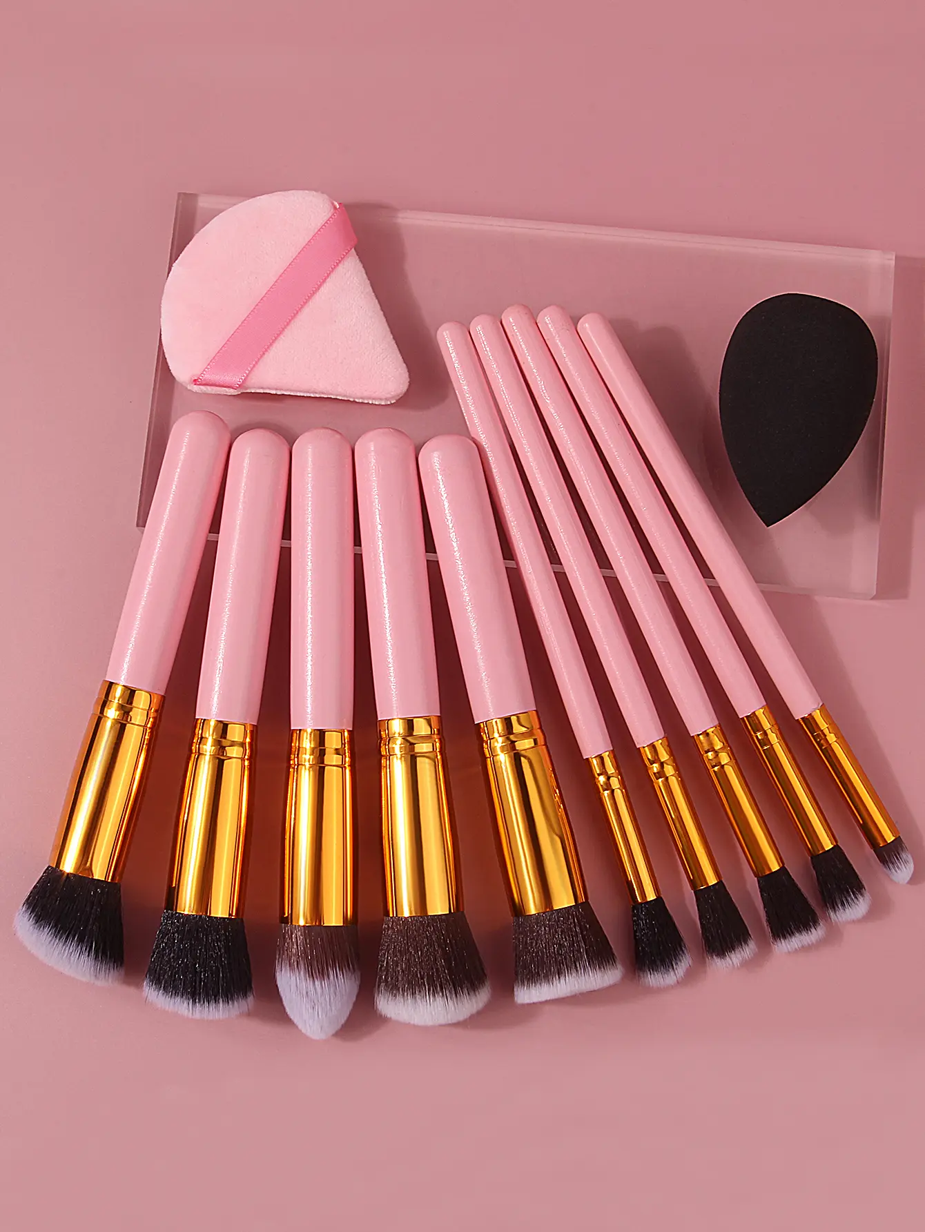 Pink 10pcs wooden handle makeup brush set with triangular powder puff & sponge egg soft bristles, a beginner's daily makeup tool