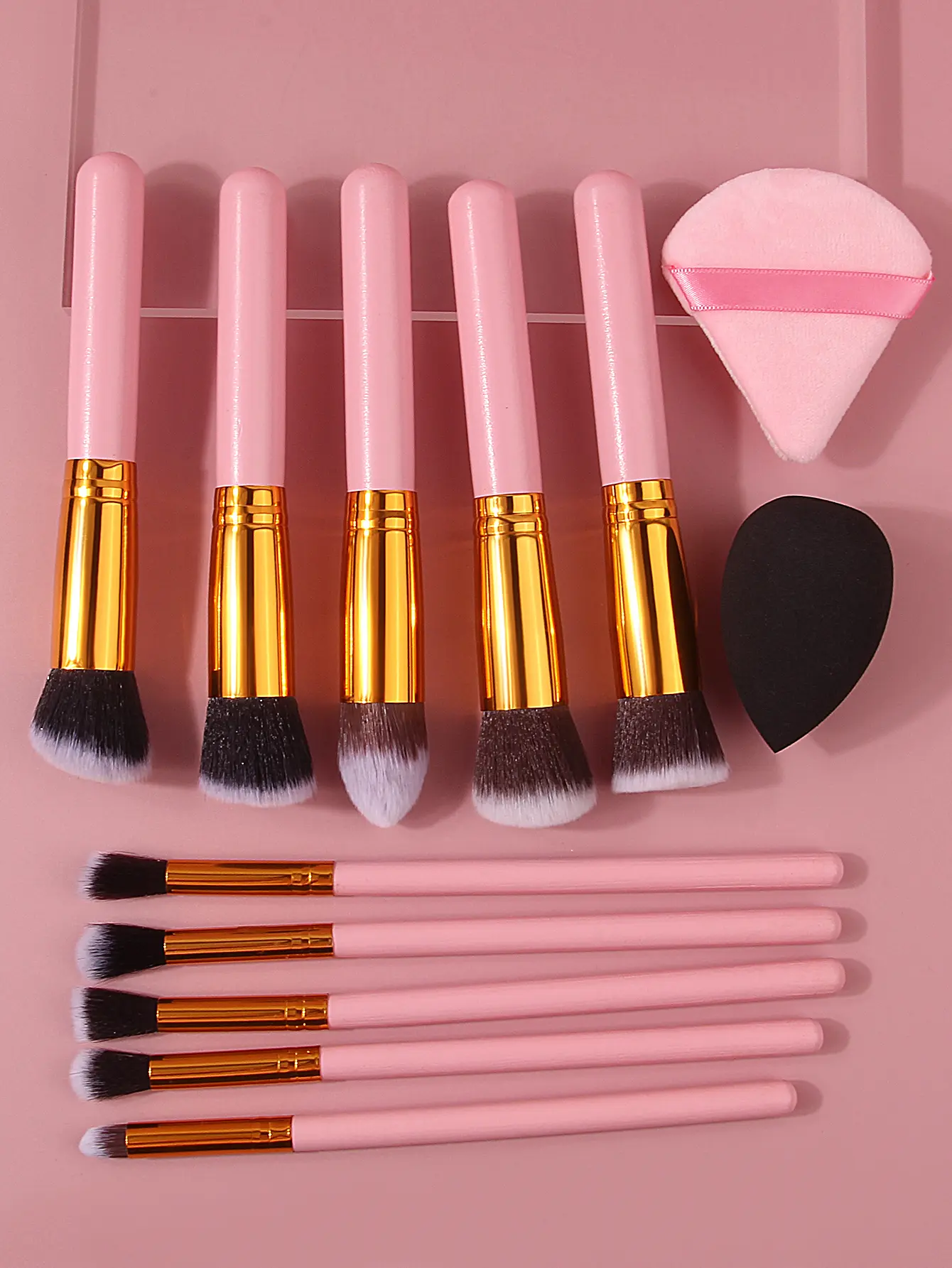 Pink 10pcs wooden handle makeup brush set with triangular powder puff & sponge egg soft bristles, a beginner's daily makeup tool
