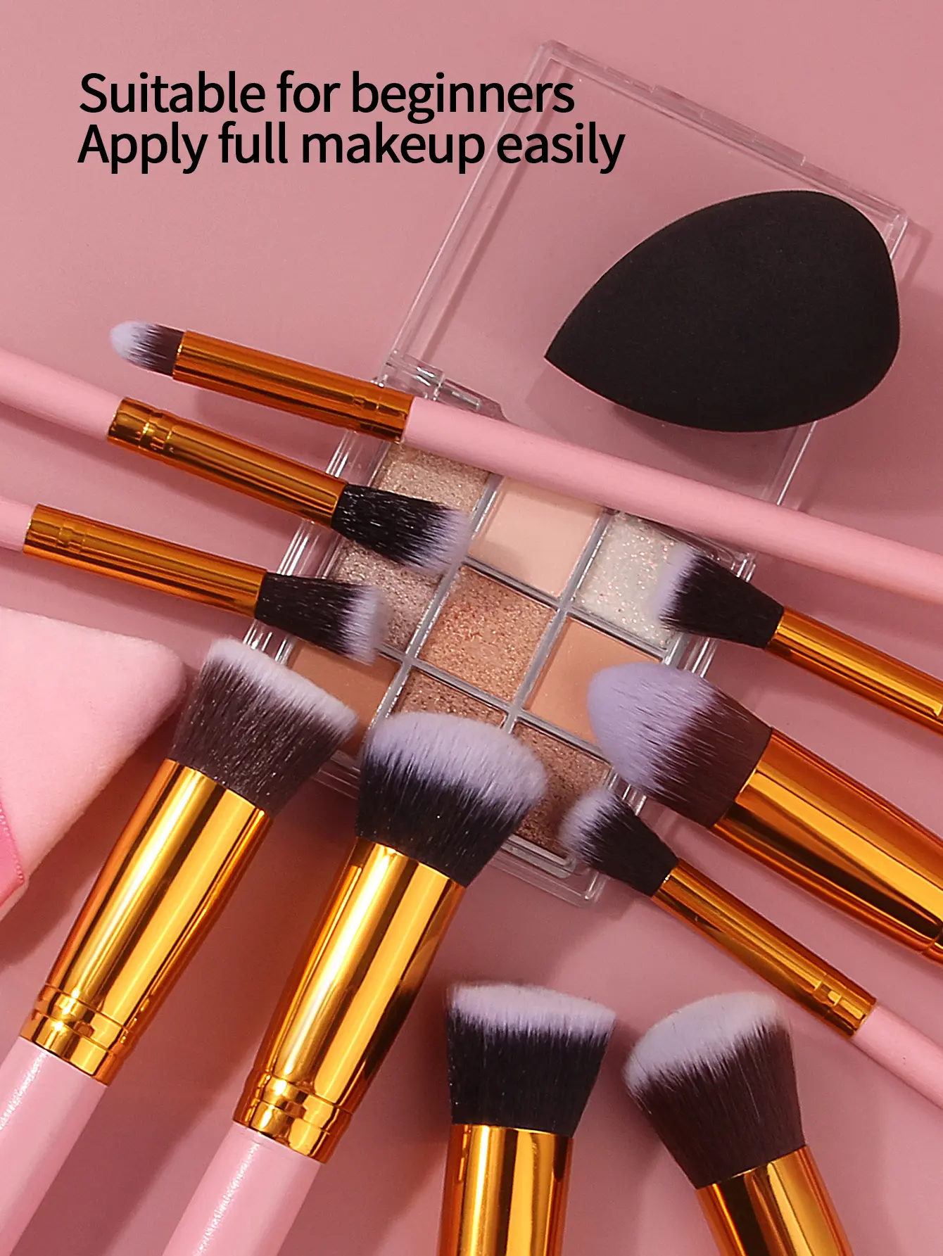 Pink 10pcs wooden handle makeup brush set with triangular powder puff & sponge egg soft bristles, a beginner's daily makeup tool
