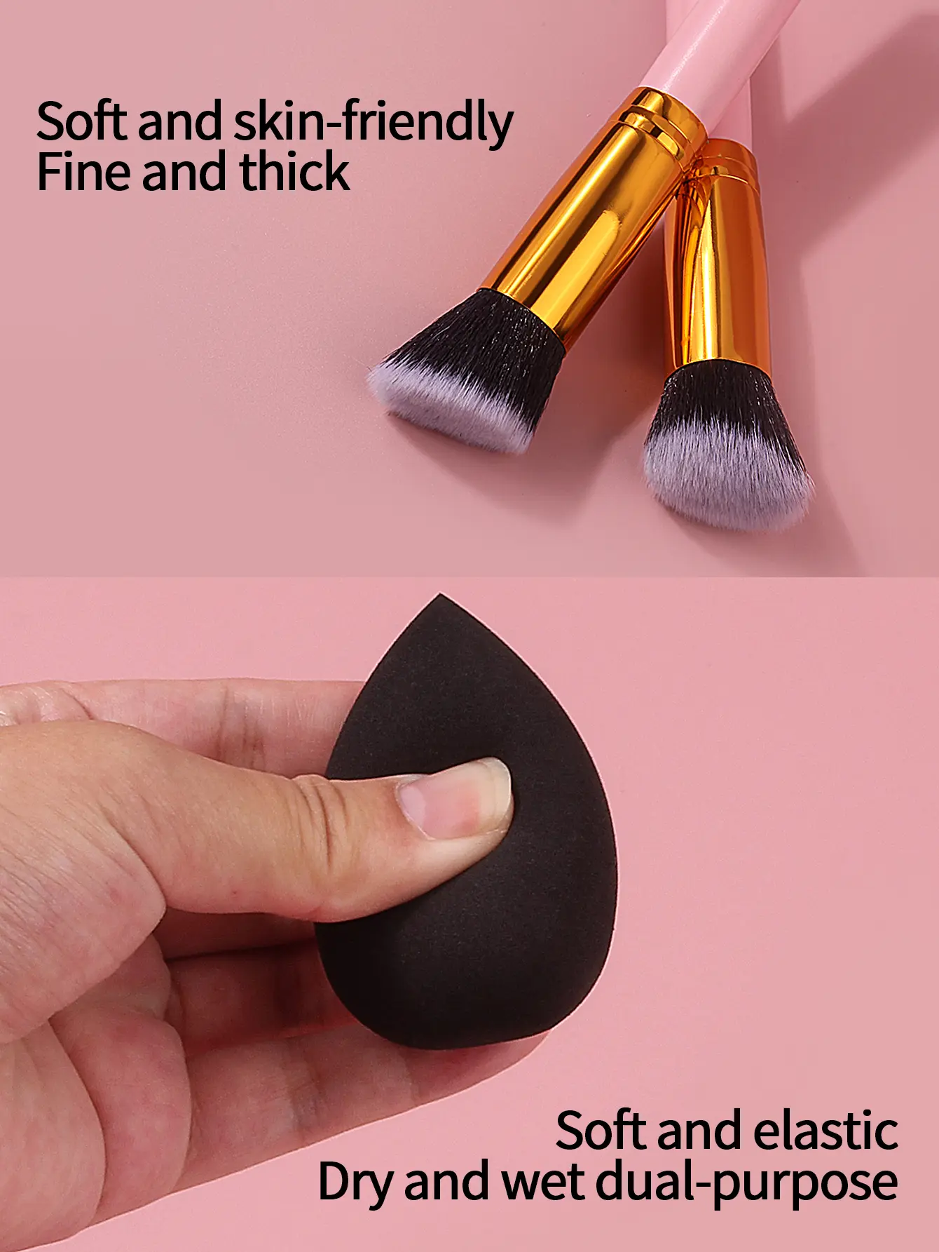 Pink 10pcs wooden handle makeup brush set with triangular powder puff & sponge egg soft bristles, a beginner's daily makeup tool