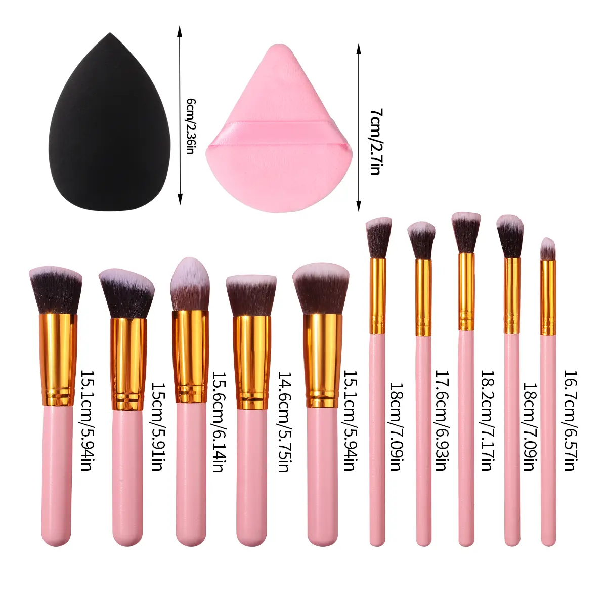Pink 10pcs wooden handle makeup brush set with triangular powder puff & sponge egg soft bristles, a beginner's daily makeup tool