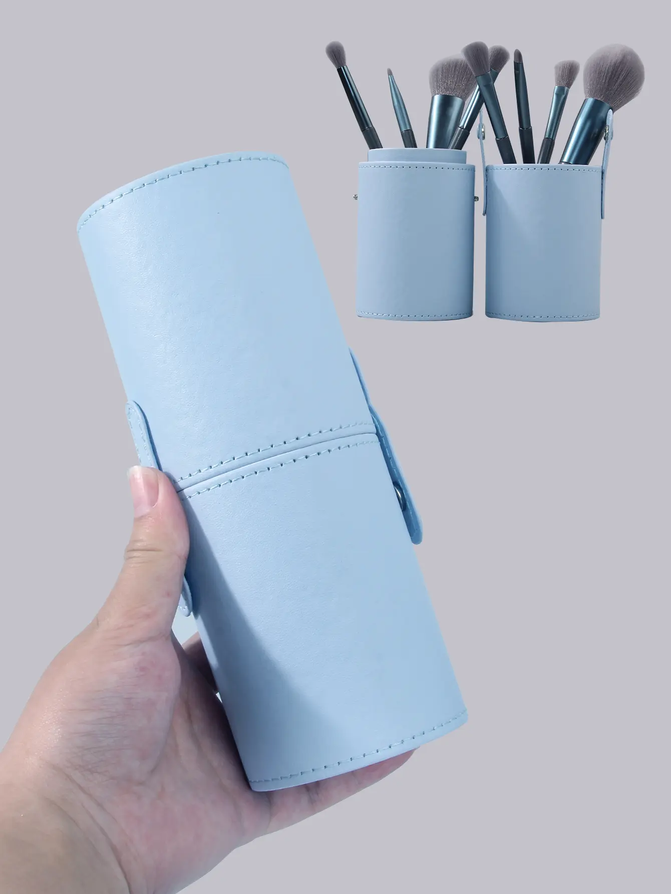 Simple blue makeup brush storage bucket, leather makeup bucket, portable and easy to carry for travel,beauty tool storage bucket