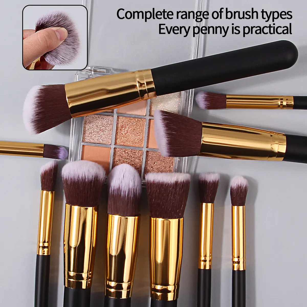 10PCS large-sized makeup set brushes +4PCS dry and wet dual-purpose beauty eggs, triangular powder puffs, makeup tools