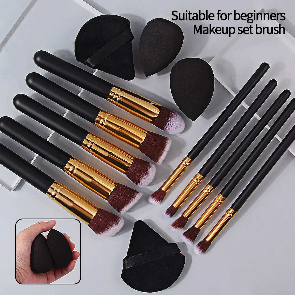 10PCS large-sized makeup set brushes +4PCS dry and wet dual-purpose beauty eggs, triangular powder puffs, makeup tools