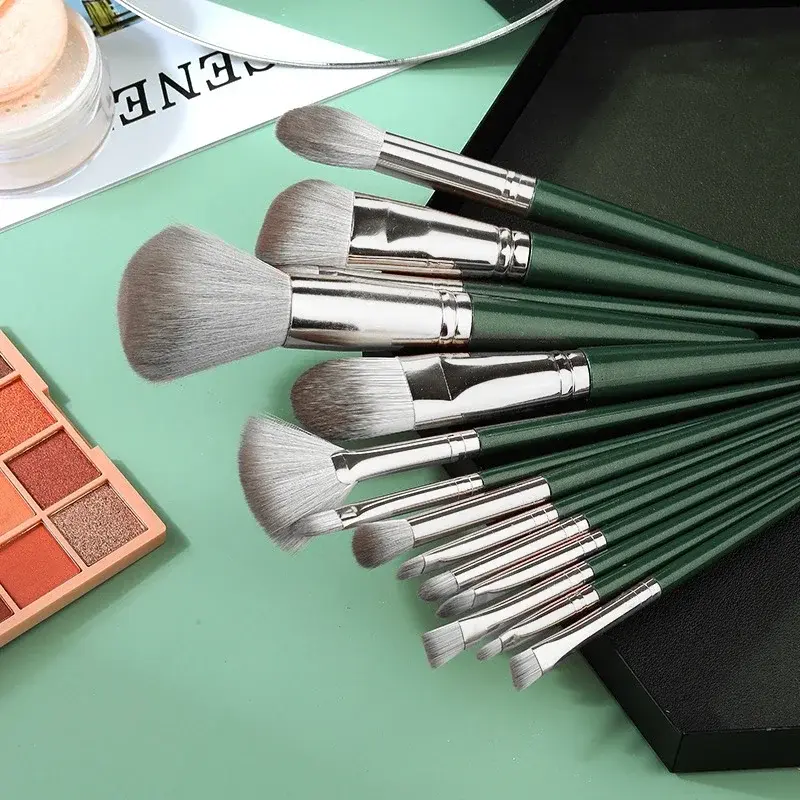 Luxurious 14pcs Makeup Brush Set - Green Professional Brushes for Full Face & Eye Detailing - Ideal Gift, Contouring & Blending