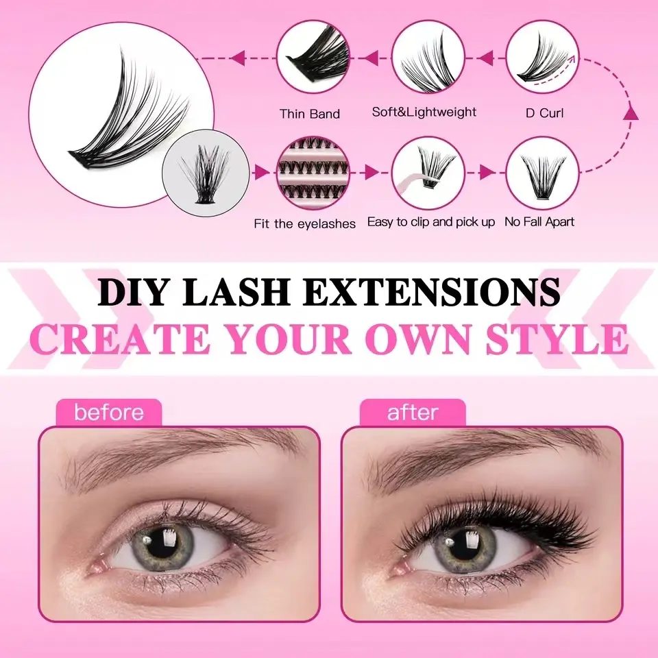 DIY Segmented False Eyelash Set Large Capacity Cluster Eyelash Book With Glue,Remove GLue,Twezeer,Brush,Festival gift