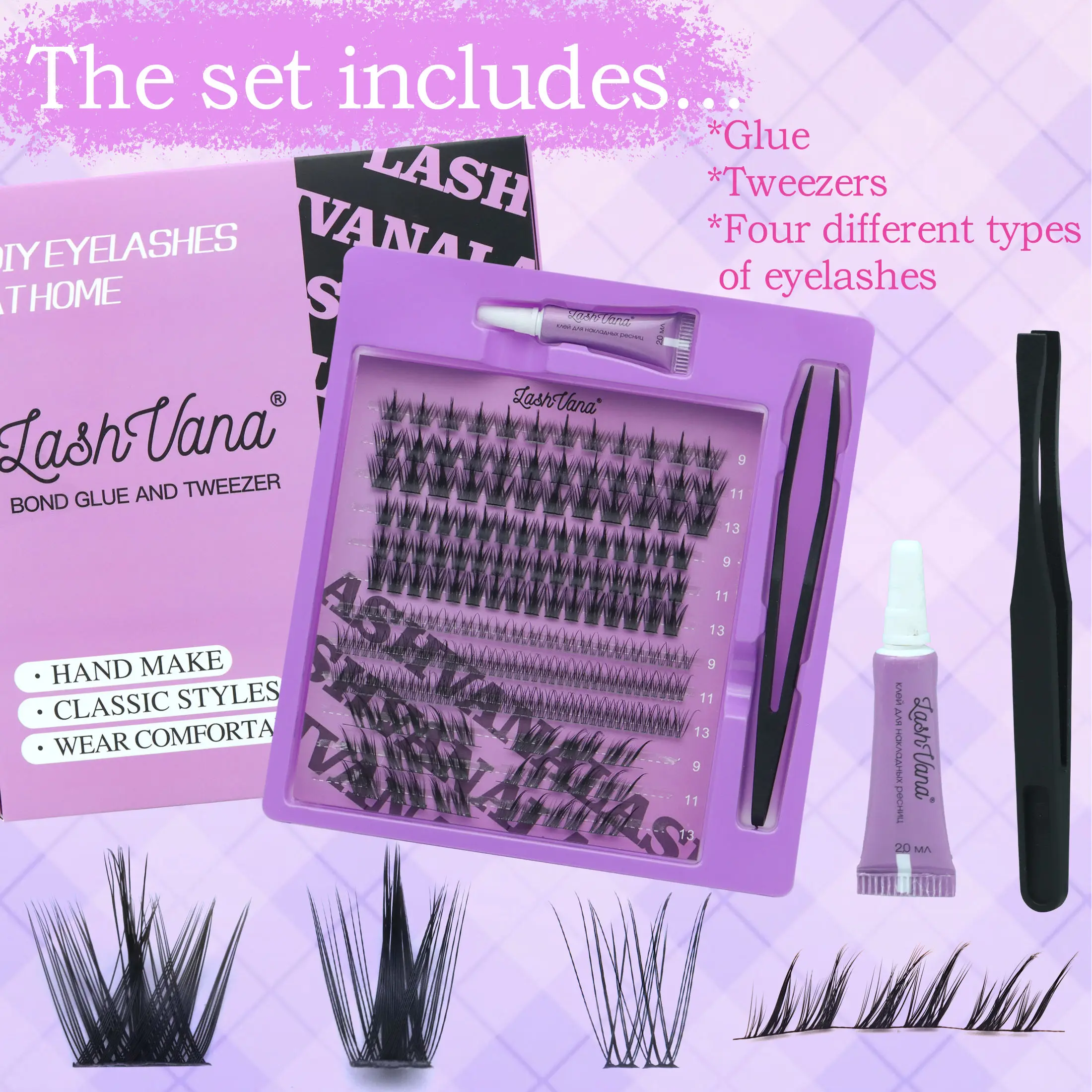 207 clusters plus 3 pairs of false eyelashes, 9-13mm, 4-in-1 false eyelash gift box, complete with eyelash tweezers, glue