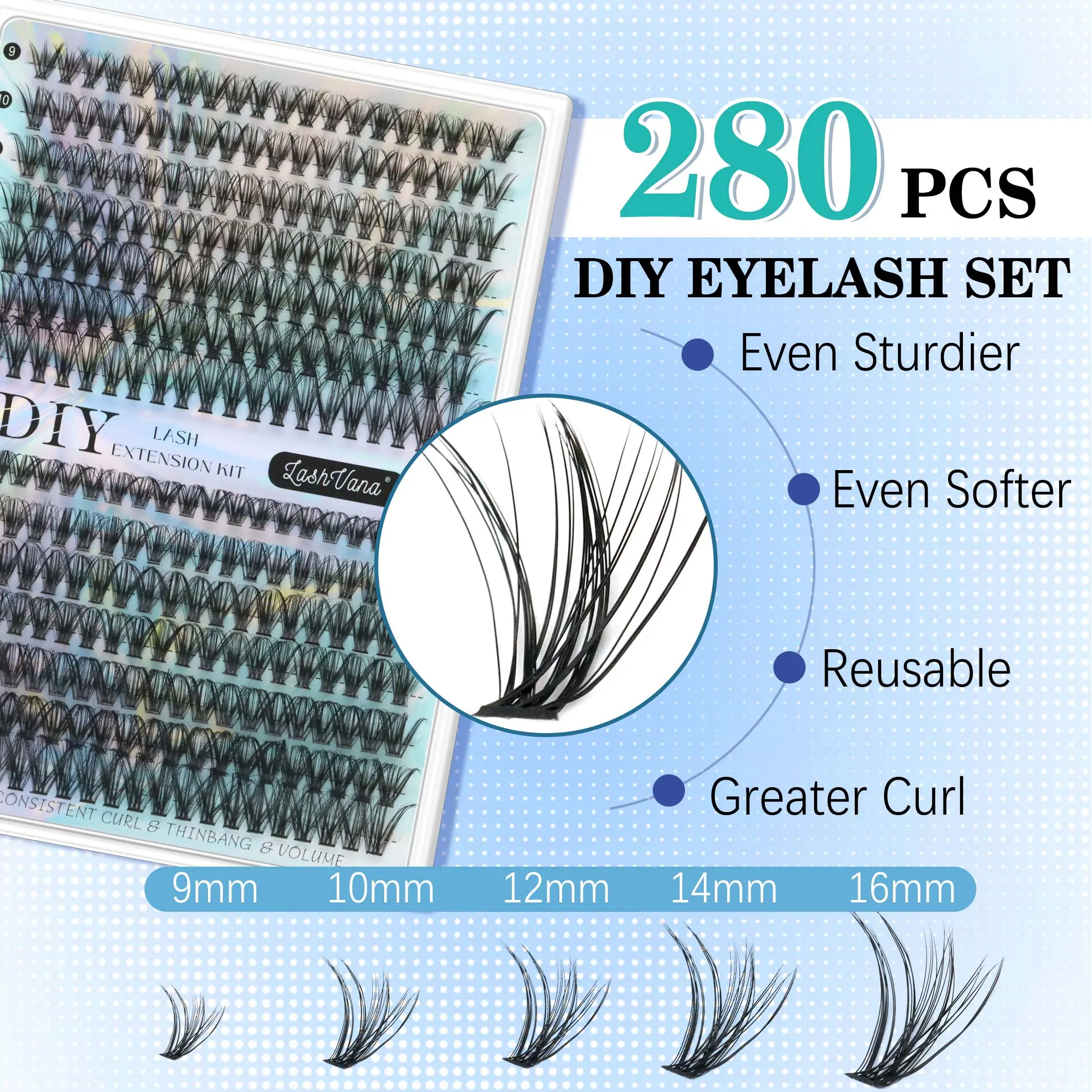 DIY Clusters Lash Kit 280pcs 8-16mm Mix Bond & Seal Tweezers Lash for Self Application Makeup Individual Eyelash Extensions