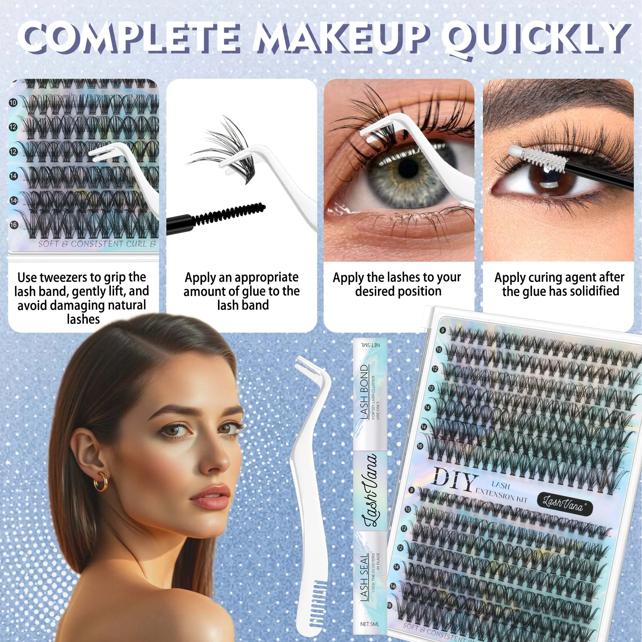 DIY Clusters Lash Kit 280pcs 8-16mm Mix Bond & Seal Tweezers Lash for Self Application Makeup Individual Eyelash Extensions