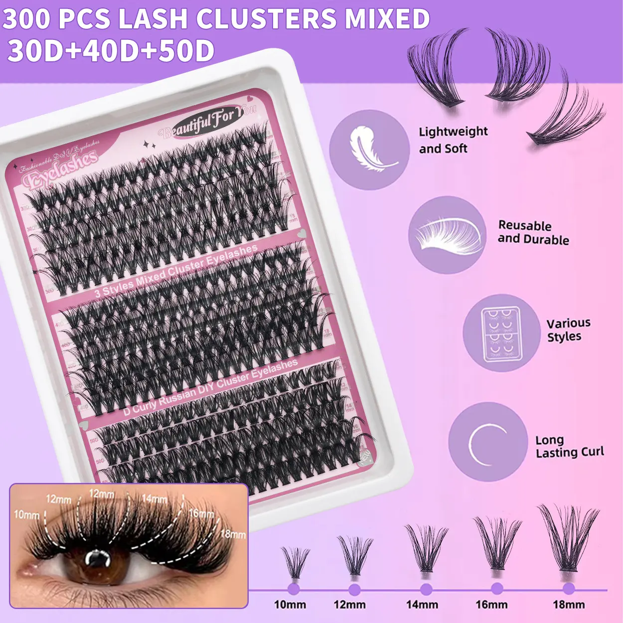DIY Lash Clusters Set Mixed Tray Lashes Kit Mix Lash Clusters Bond and Seal and Lash Applicator makeup tool Lashes Cluster