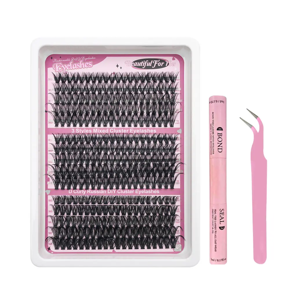 DIY Lash Clusters Set Mixed Tray Lashes Kit Mix Lash Clusters Bond and Seal and Lash Applicator makeup tool Lashes Cluster